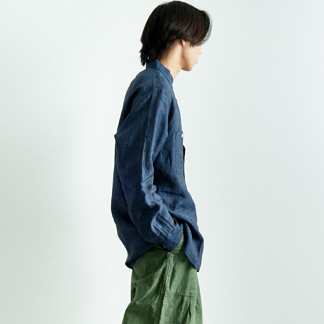 Needles [ニードルズ] バンドカラーワークシャツ [QV292] A BLUE&&モデル身長：179cm 着用サイズ：L&&