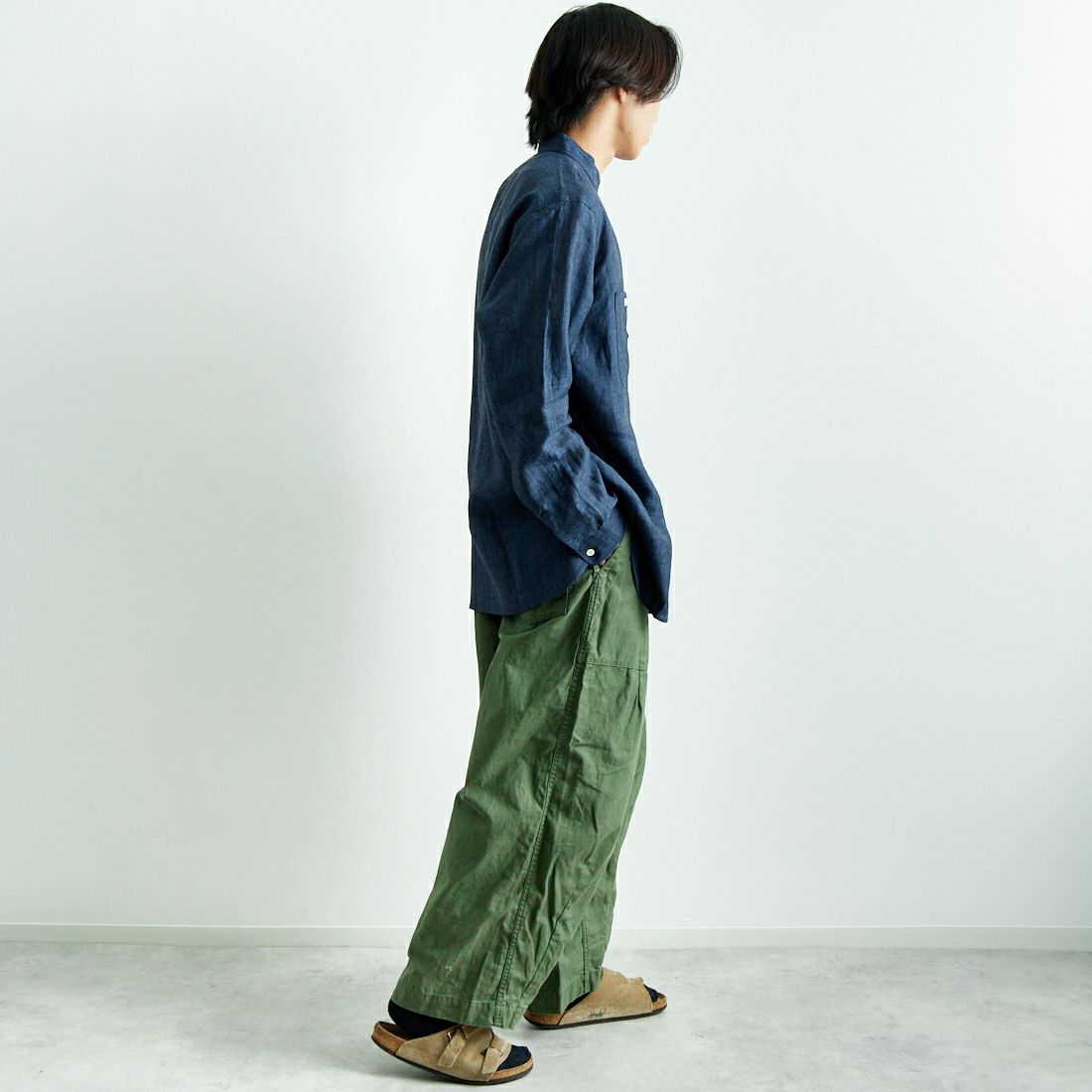Needles [ニードルズ] バンドカラーワークシャツ [QV292] A BLUE&&モデル身長：179cm 着用サイズ：L&&