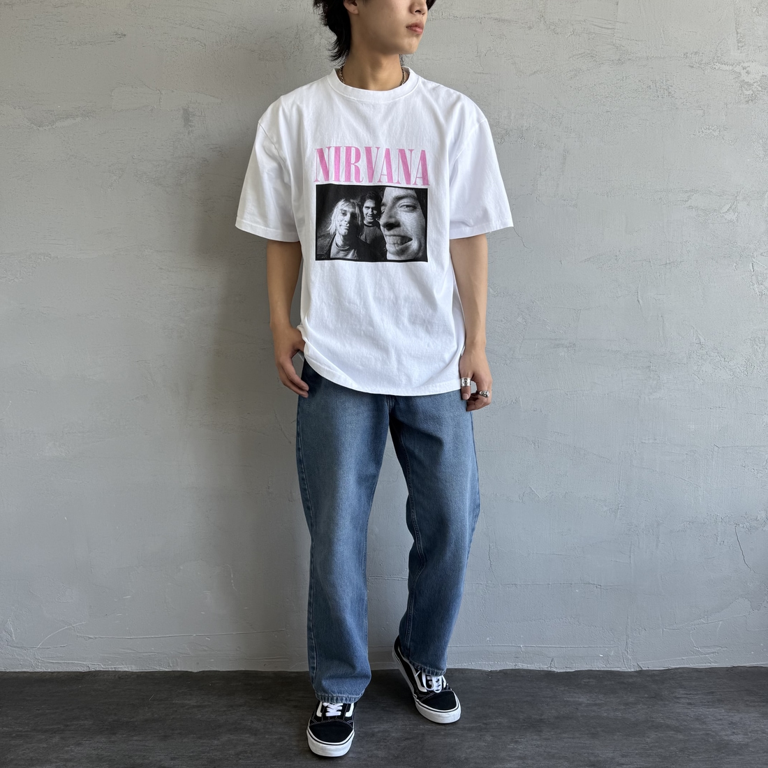 GOOD ROCK SPEED [グッドロックスピード] 別注 NIRVANA フォトプリントロックTシャツ [INTN-031-JF] WHITE &&モデル身長：179cm 着用サイズ：XL&&