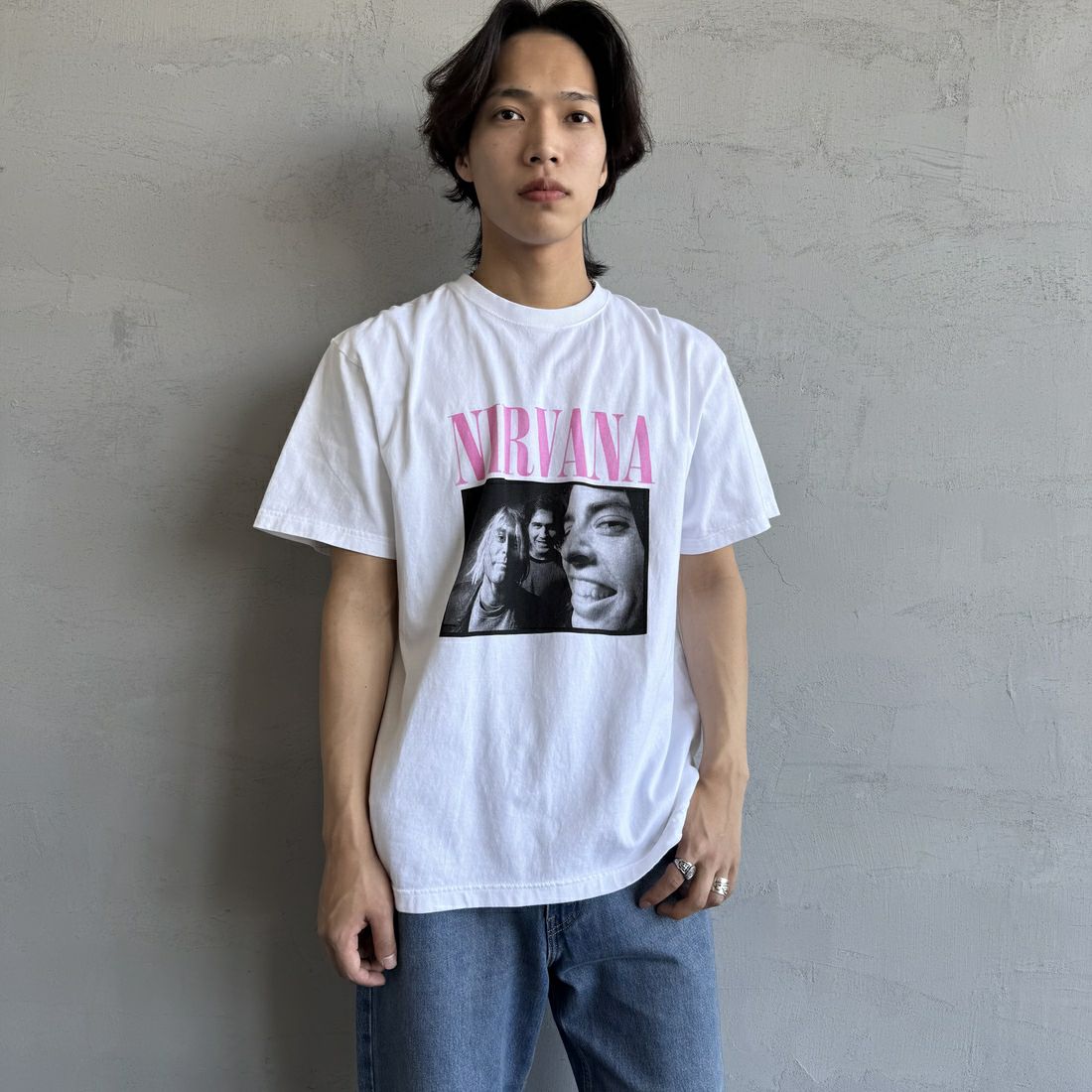 GOOD ROCK SPEED [グッドロックスピード] 別注 NIRVANA フォトプリントロックTシャツ [INTN-031-JF] WHITE &&モデル身長：179cm 着用サイズ：L&&
