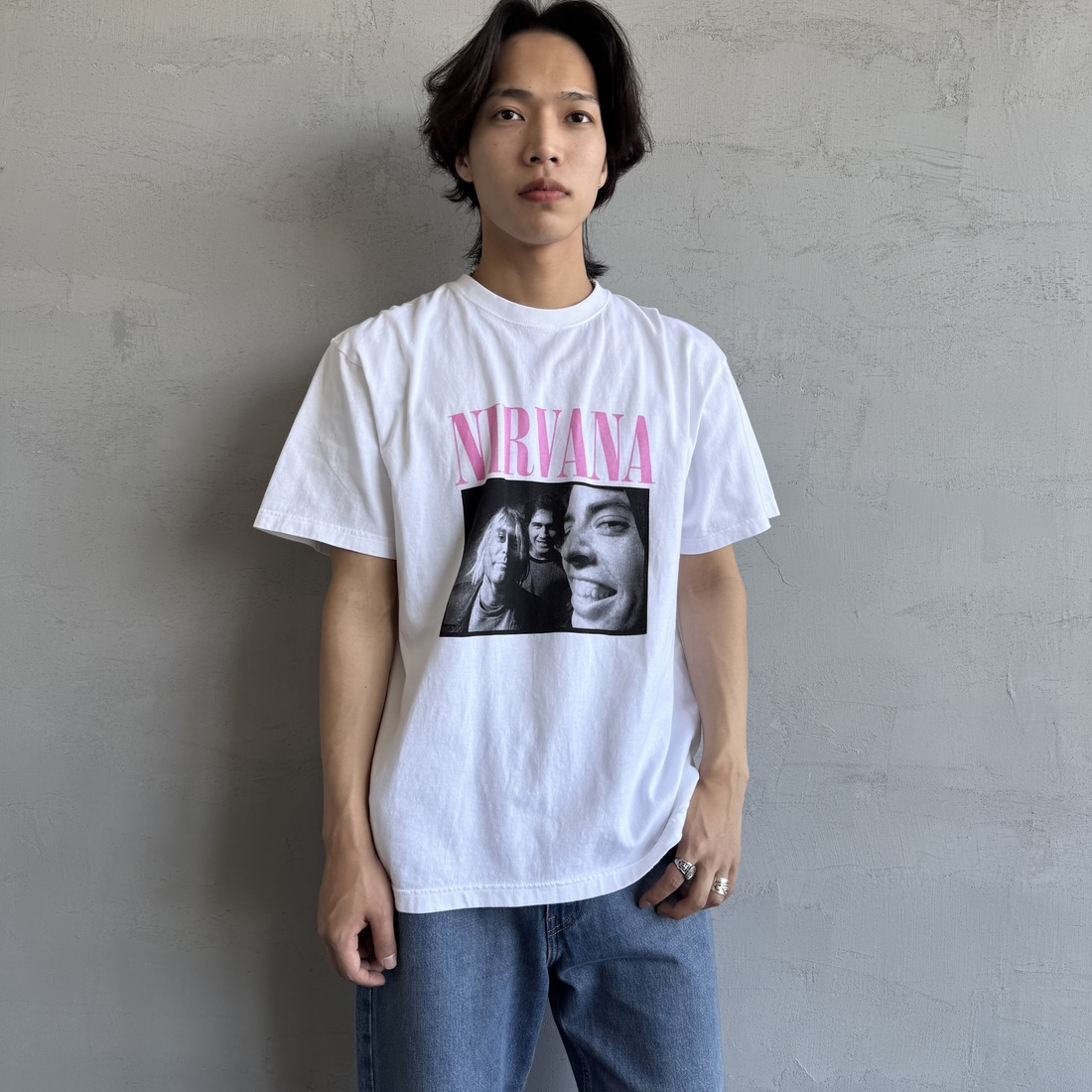 GOOD ROCK SPEED [グッドロックスピード] 別注 NIRVANA フォトプリントロックTシャツ [INTN-031-JF] WHITE &&モデル身長：179cm 着用サイズ：L&&