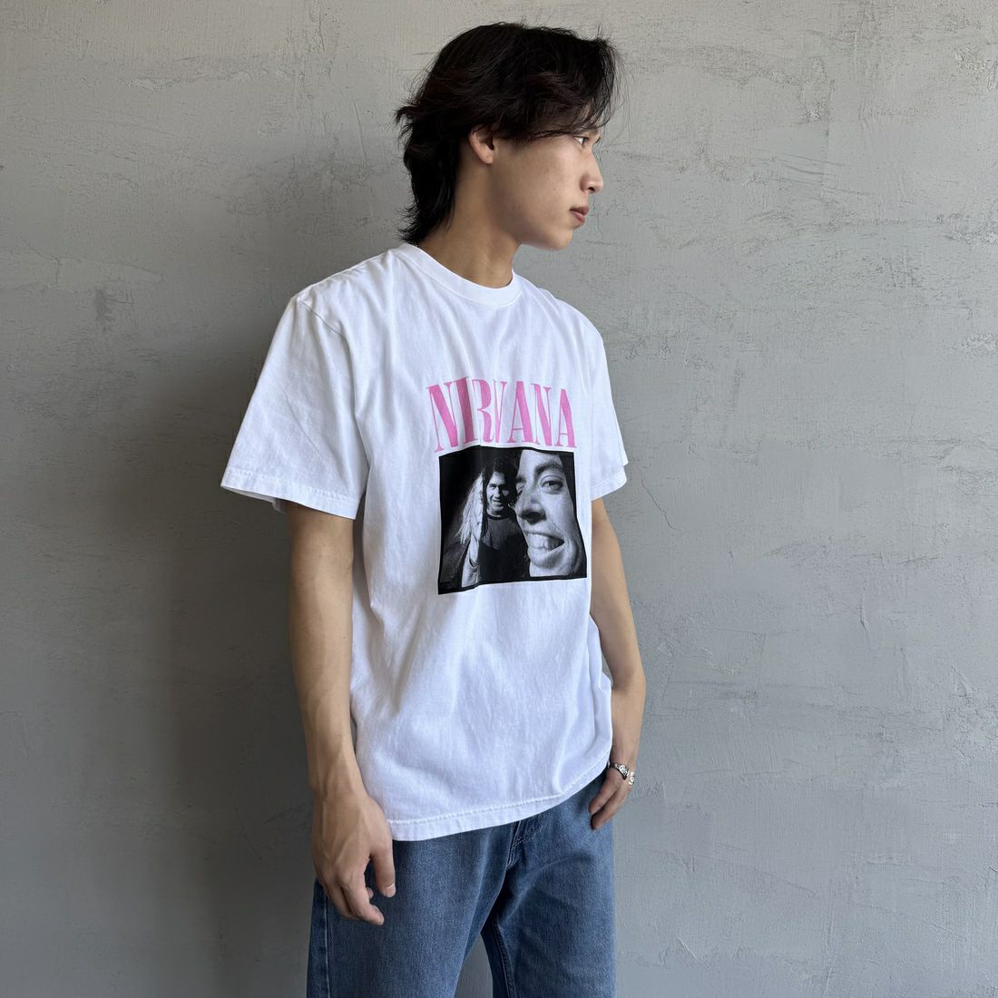 GOOD ROCK SPEED [グッドロックスピード] 別注 NIRVANA フォトプリントロックTシャツ [INTN-031-JF] WHITE &&モデル身長：179cm 着用サイズ：L&&