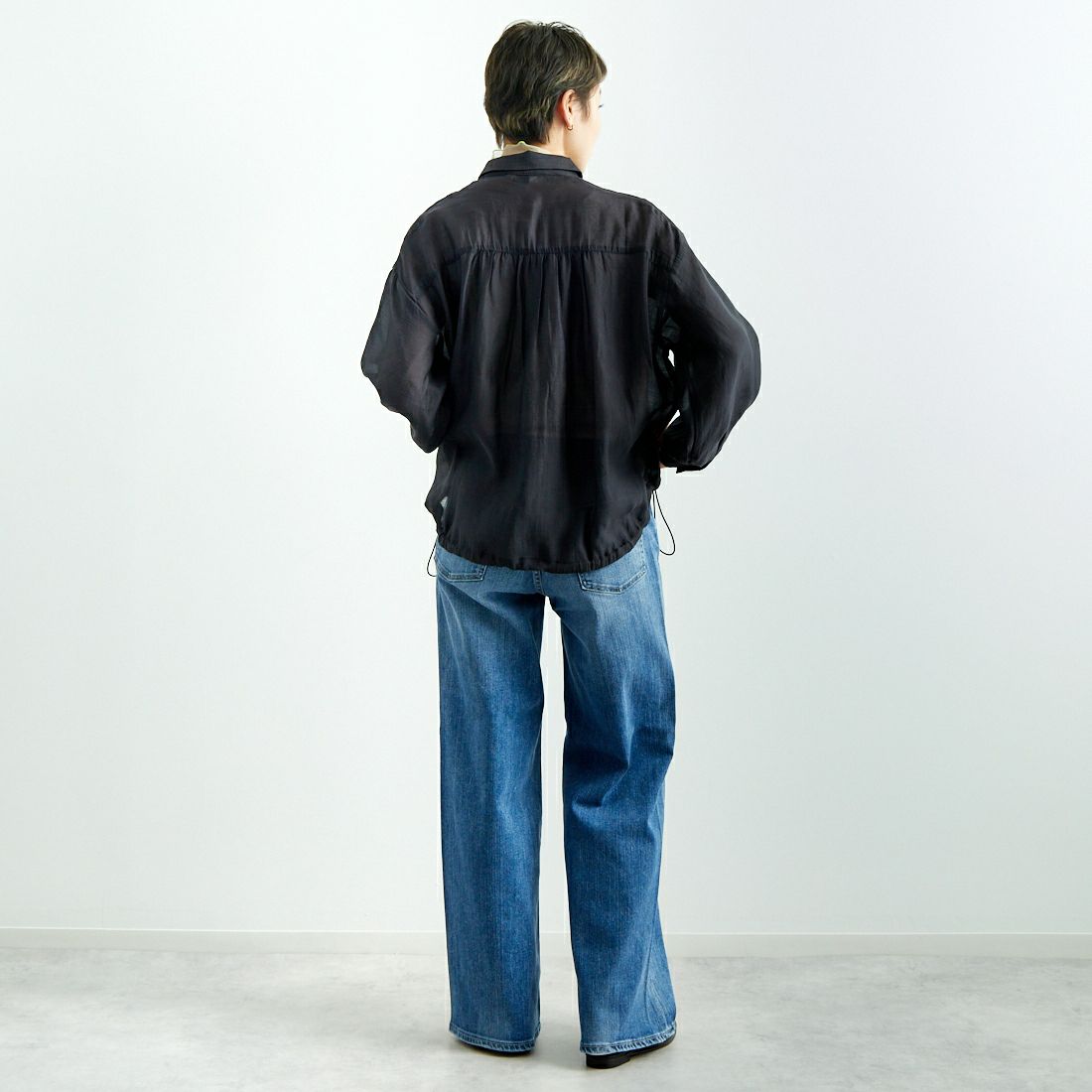 Jf Ready Made [ジェイエフレディメイド] ドロストシアーシャツ [3010303] 801 ﾌﾞﾗｯｸ &&モデル身長：160cm 着用サイズ：F&&