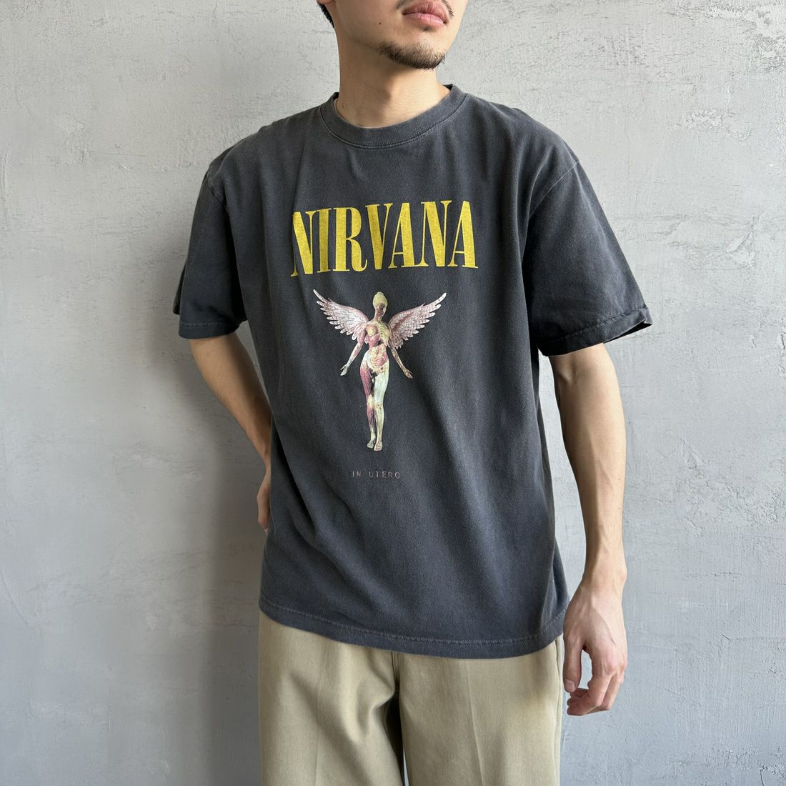 GOOD ROCK SPEED [グッドロックスピード] 別注 NIRVANA ロックプリントTシャツ(IN UTERO) [INTN-030-JF] CHARCOAL &&モデル身長：168cm 着用サイズ：L&&