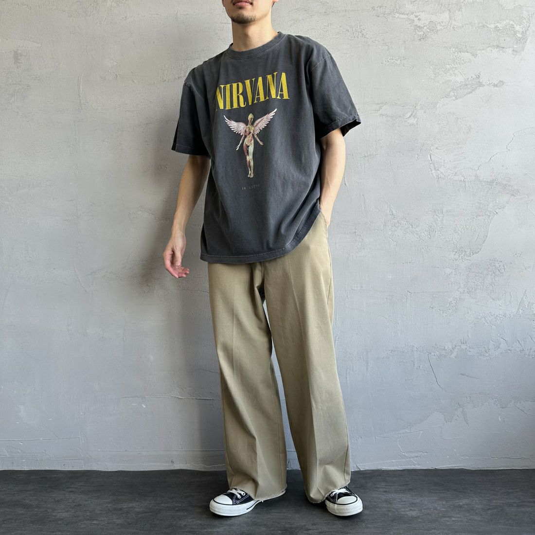 GOOD ROCK SPEED [グッドロックスピード] 別注 NIRVANA ロックプリントTシャツ(IN UTERO) [INTN-030-JF] CHARCOAL &&モデル身長：168cm 着用サイズ：L&&