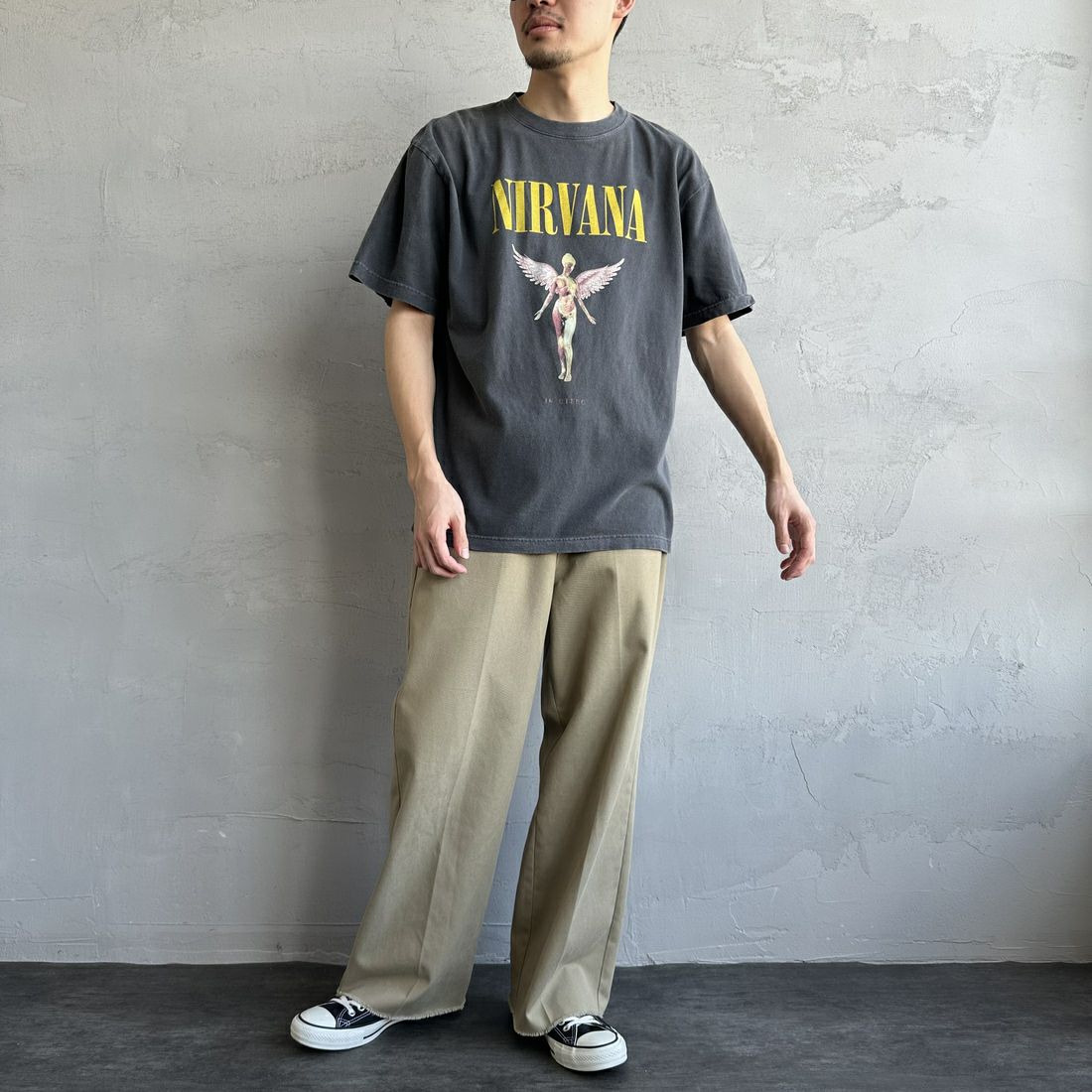 GOOD ROCK SPEED [グッドロックスピード] 別注 NIRVANA ロックプリントTシャツ(IN UTERO) [INTN-030-JF] CHARCOAL &&モデル身長：168cm 着用サイズ：L&&