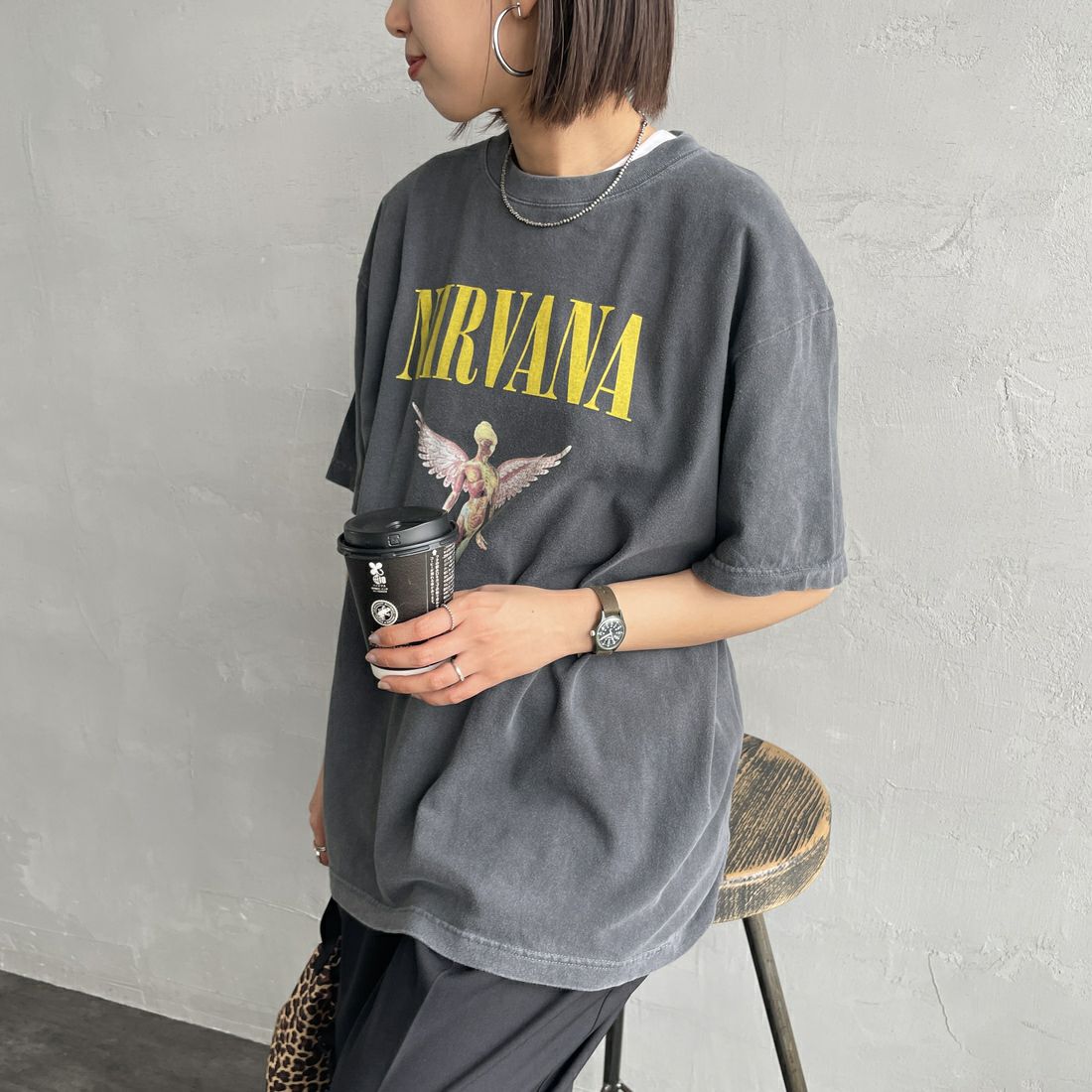 GOOD ROCK SPEED [グッドロックスピード] 別注 NIRVANA ロックプリントTシャツ(IN UTERO) [INTN-030-JF] CHARCOAL &&モデル身長：159cm 着用サイズ：M&&