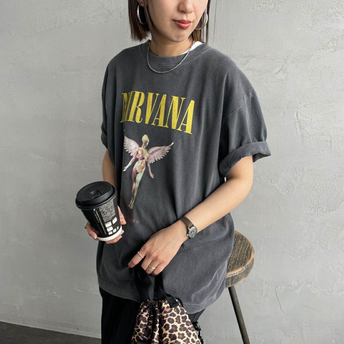GOOD ROCK SPEED [グッドロックスピード] 別注 NIRVANA ロックプリントTシャツ(IN UTERO) [INTN-030-JF] CHARCOAL &&モデル身長：159cm 着用サイズ：M&&
