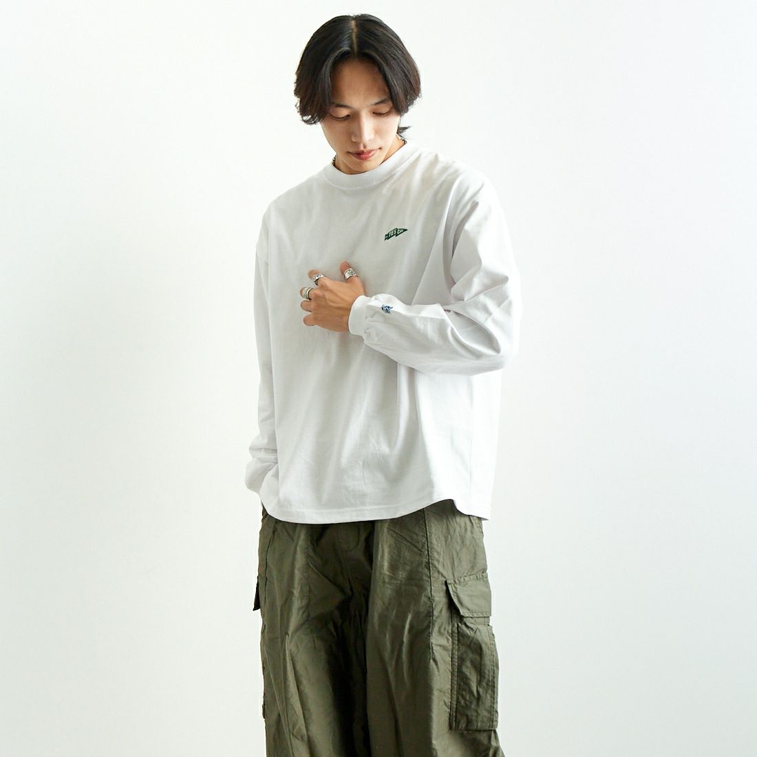 The Endless Summer [エンドレスサマー] TES サガラ刺繍ビッグロングスリーブTシャツ [C-25374303] 07 WHITE &&モデル身長：179cm 着用サイズ：M&&