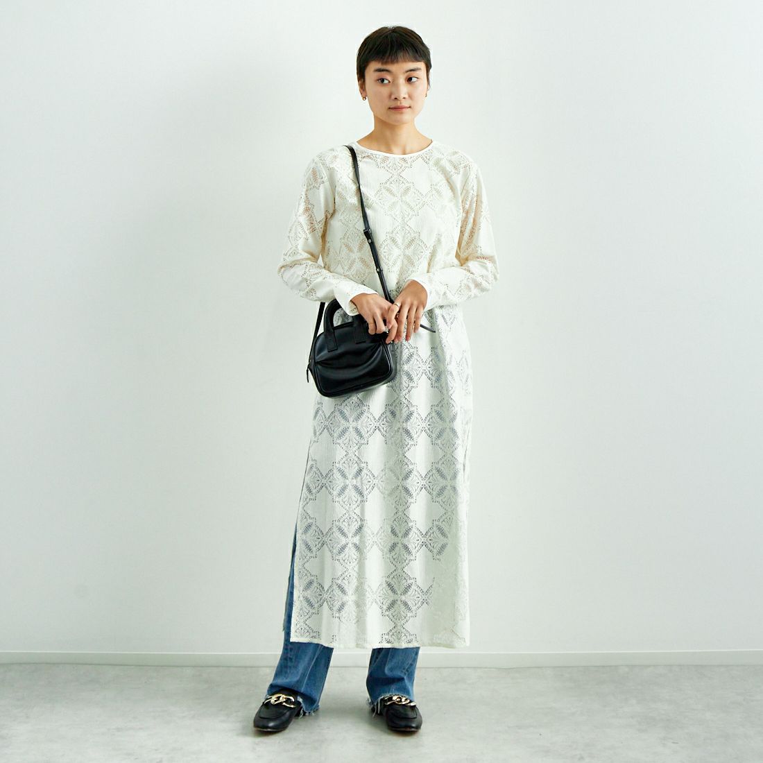USINE [ユジーヌ] レース柄ワンピース [2510402] OFF WHITE &&モデル身長：160cm 着用サイズ：F&&