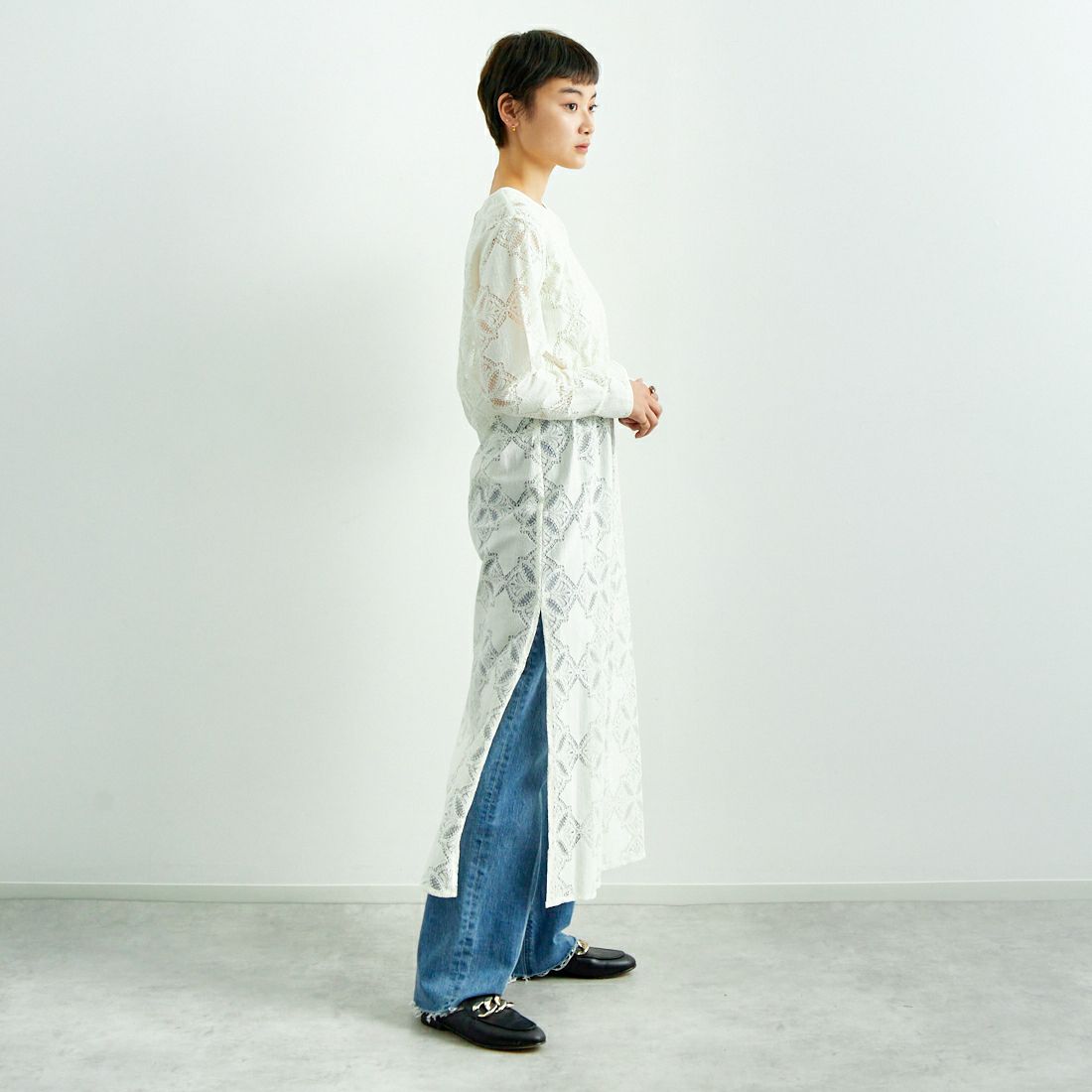 USINE [ユジーヌ] レース柄ワンピース [2510402] OFF WHITE &&モデル身長：160cm 着用サイズ：F&&