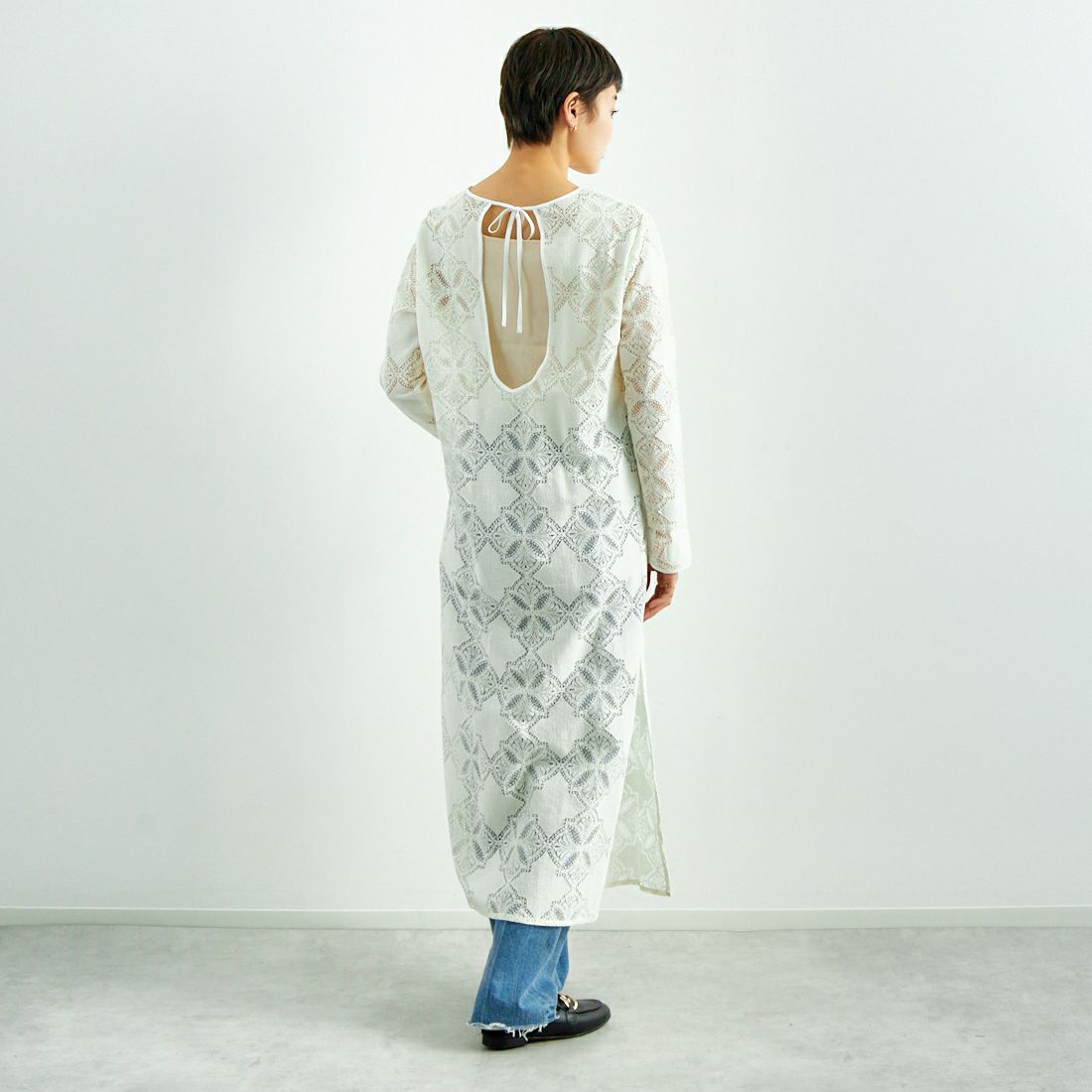 USINE [ユジーヌ] レース柄ワンピース [2510402] OFF WHITE &&モデル身長：160cm 着用サイズ：F&&