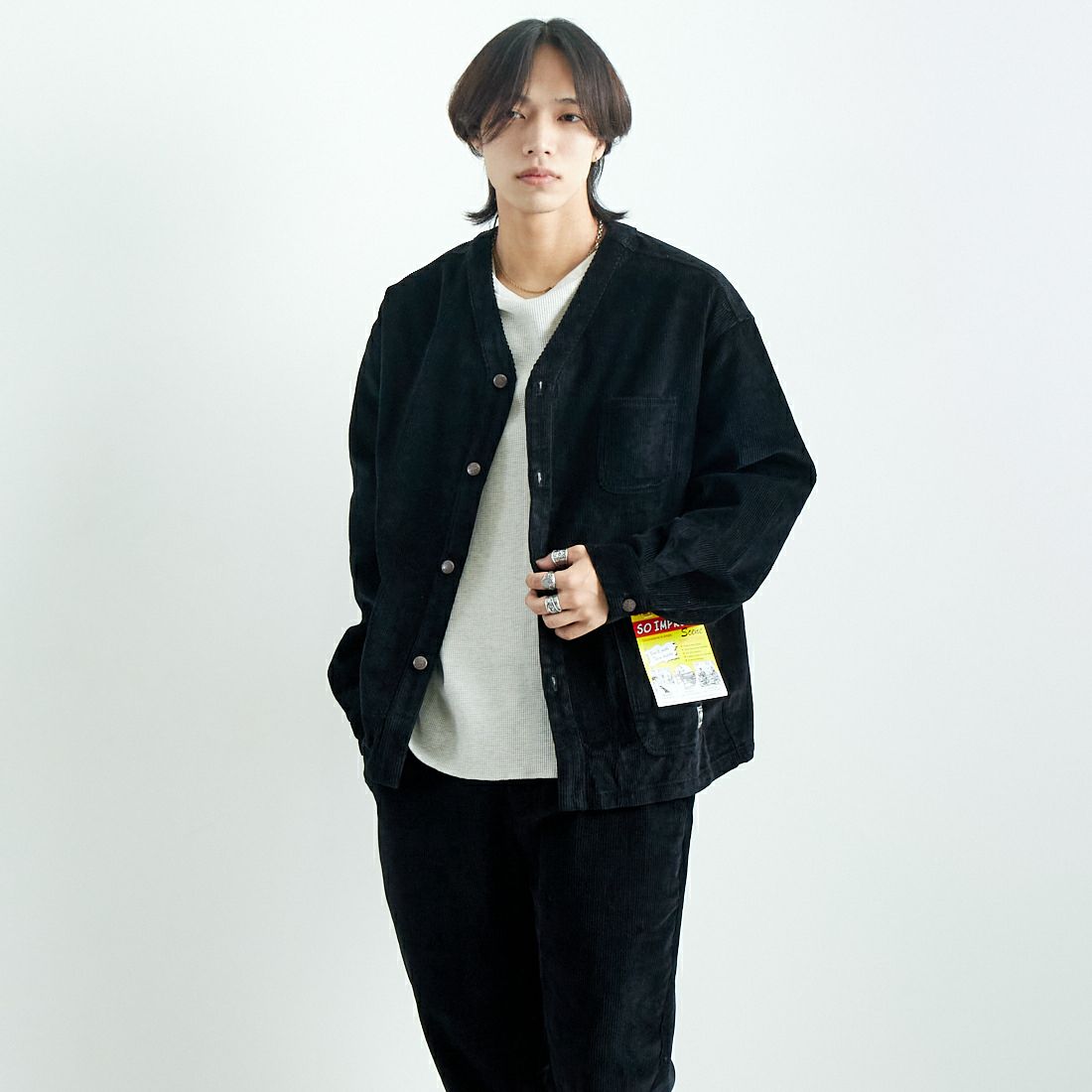 BIG MIKE [ビッグマイク] 別注 コーデュロイエンジニアジャケット [102446020-JF] BLACK &&モデル身長：179cm 着用サイズ：L&&
