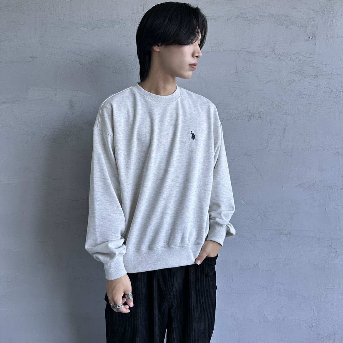U.S.POLO ASSN. [ユーエスポロアッスン] 別注 ワンポイントロゴ刺繍 ドローコードスウェット [PLM43313IN-JF] ASHｸﾞﾚｰ &&モデル身長：179cm 着用サイズ：M&&