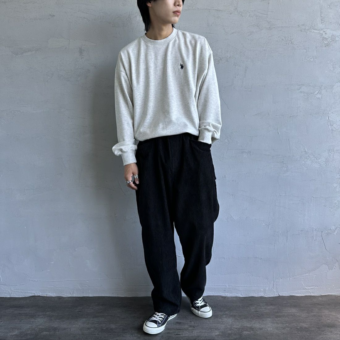 U.S.POLO ASSN. [ユーエスポロアッスン] 別注 ワンポイントロゴ刺繍 ドローコードスウェット [PLM43313IN-JF] ASHｸﾞﾚｰ &&モデル身長：179cm 着用サイズ：M&&