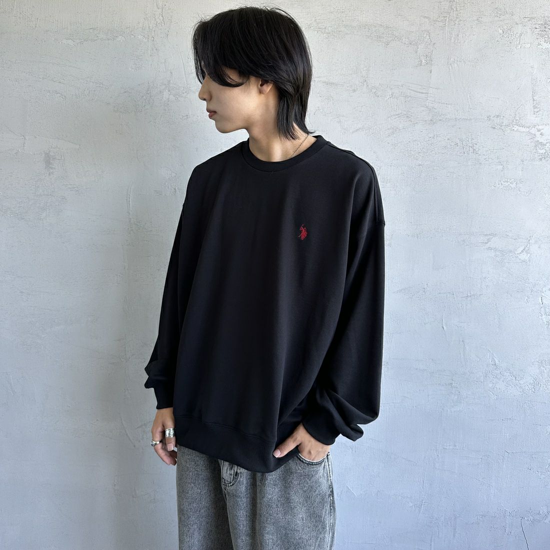 U.S.POLO ASSN. [ユーエスポロアッスン] 別注 ワンポイントロゴ刺繍 ドローコードスウェット [PLM43313IN-JF] ﾌﾞﾗｯｸ &&モデル身長：179cm 着用サイズ：XL&&