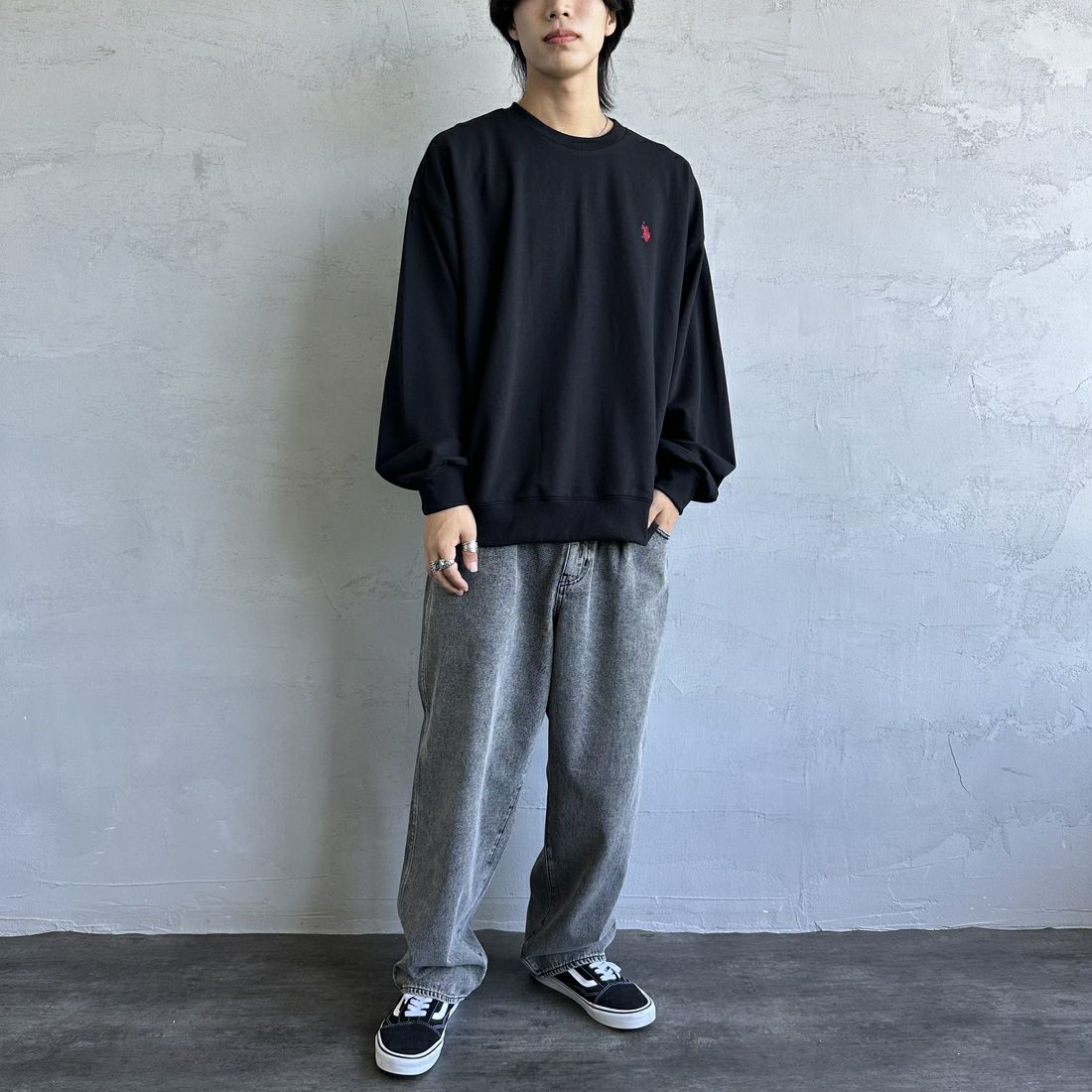 U.S.POLO ASSN. [ユーエスポロアッスン] 別注 ワンポイントロゴ刺繍 ドローコードスウェット [PLM43313IN-JF] ﾌﾞﾗｯｸ &&モデル身長：179cm 着用サイズ：XL&&