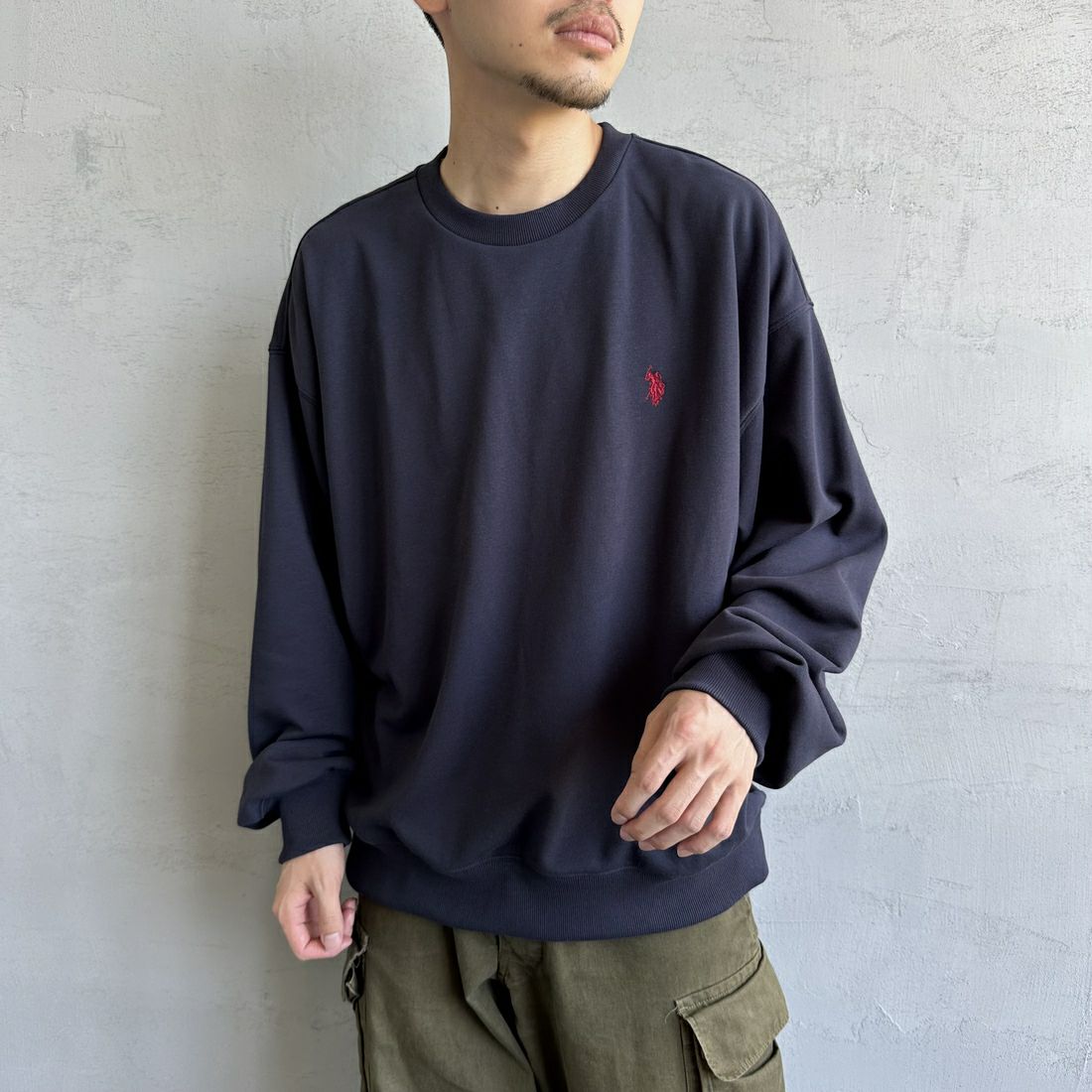 U.S.POLO ASSN. [ユーエスポロアッスン] 別注 ワンポイントロゴ刺繍 ドローコードスウェット [PLM43313IN-JF] ﾈｲﾋﾞｰ &&モデル身長：168cm 着用サイズ：L&&