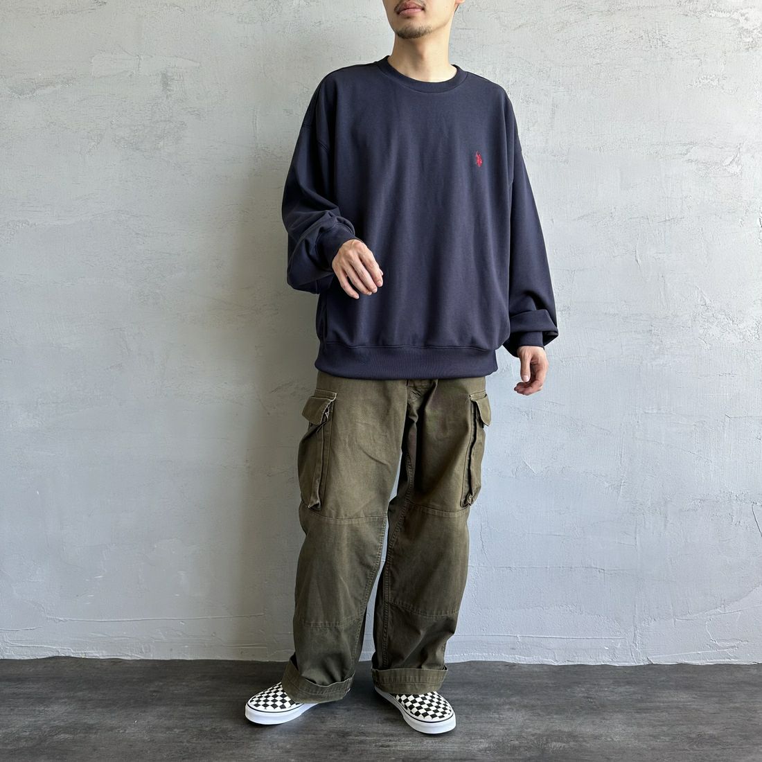 U.S.POLO ASSN. [ユーエスポロアッスン] 別注 ワンポイントロゴ刺繍 ドローコードスウェット [PLM43313IN-JF] ﾈｲﾋﾞｰ &&モデル身長：168cm 着用サイズ：L&&