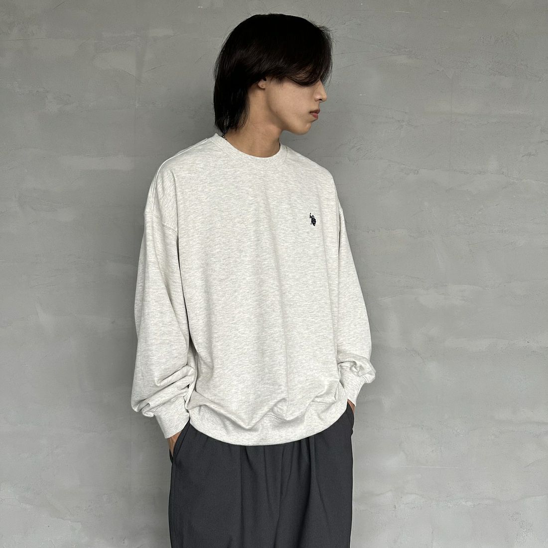 U.S.POLO ASSN. [ユーエスポロアッスン] 別注 ワンポイントロゴ刺繍 ドローコードスウェット [PLM43313IN-JF] ASHｸﾞﾚｰ &&モデル身長：179cm 着用サイズ：XL&&