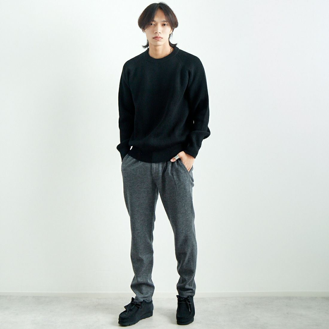 Jeans Factory Clothes [ジーンズファクトリークローズ] ウールジャージーイージートラウザー [JFC-244-059] 6S C.GRY &&モデル身長：179cm 着用サイズ：L&&