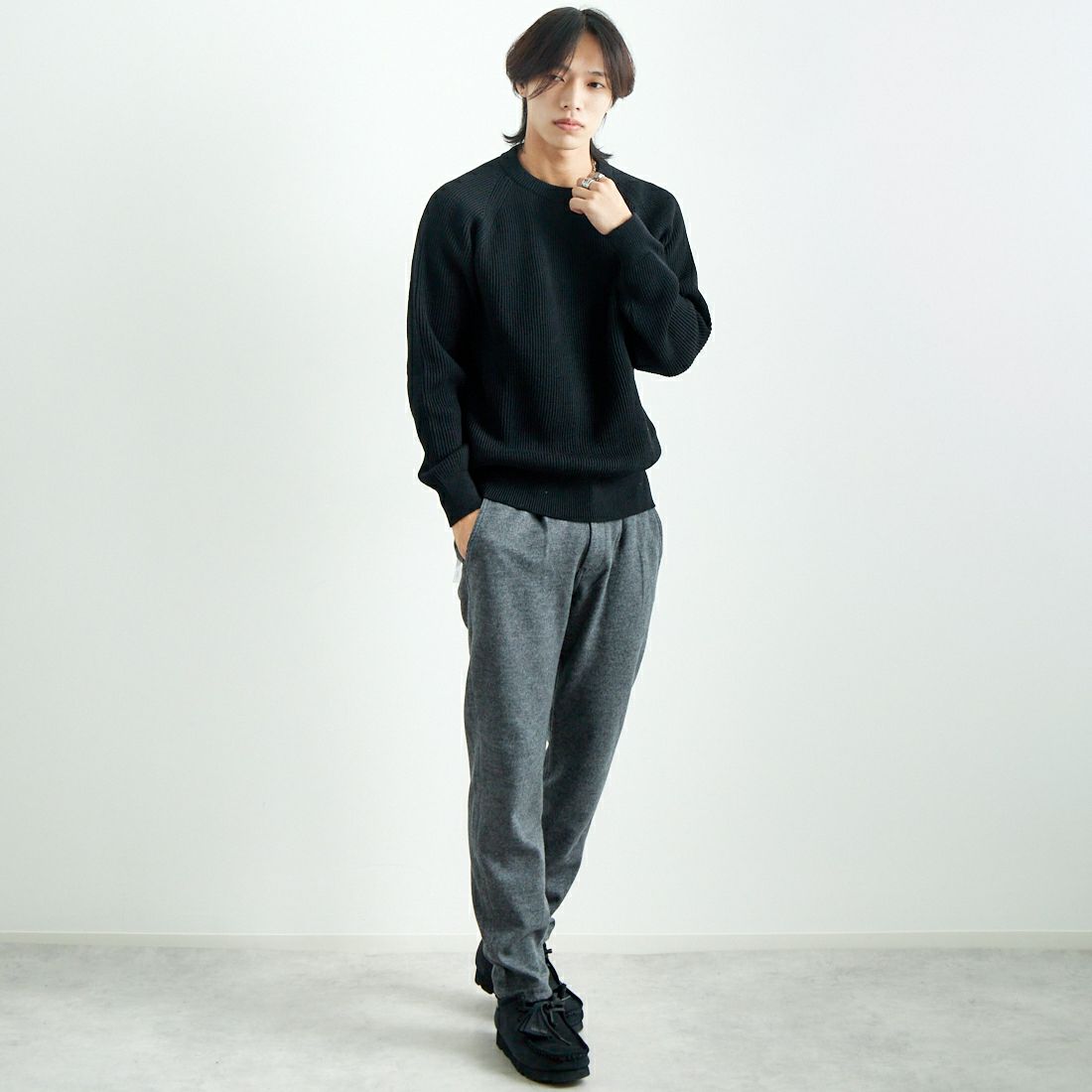 Jeans Factory Clothes [ジーンズファクトリークローズ] ウールジャージーイージートラウザー [JFC-244-059] 6S C.GRY &&モデル身長：179cm 着用サイズ：L&&