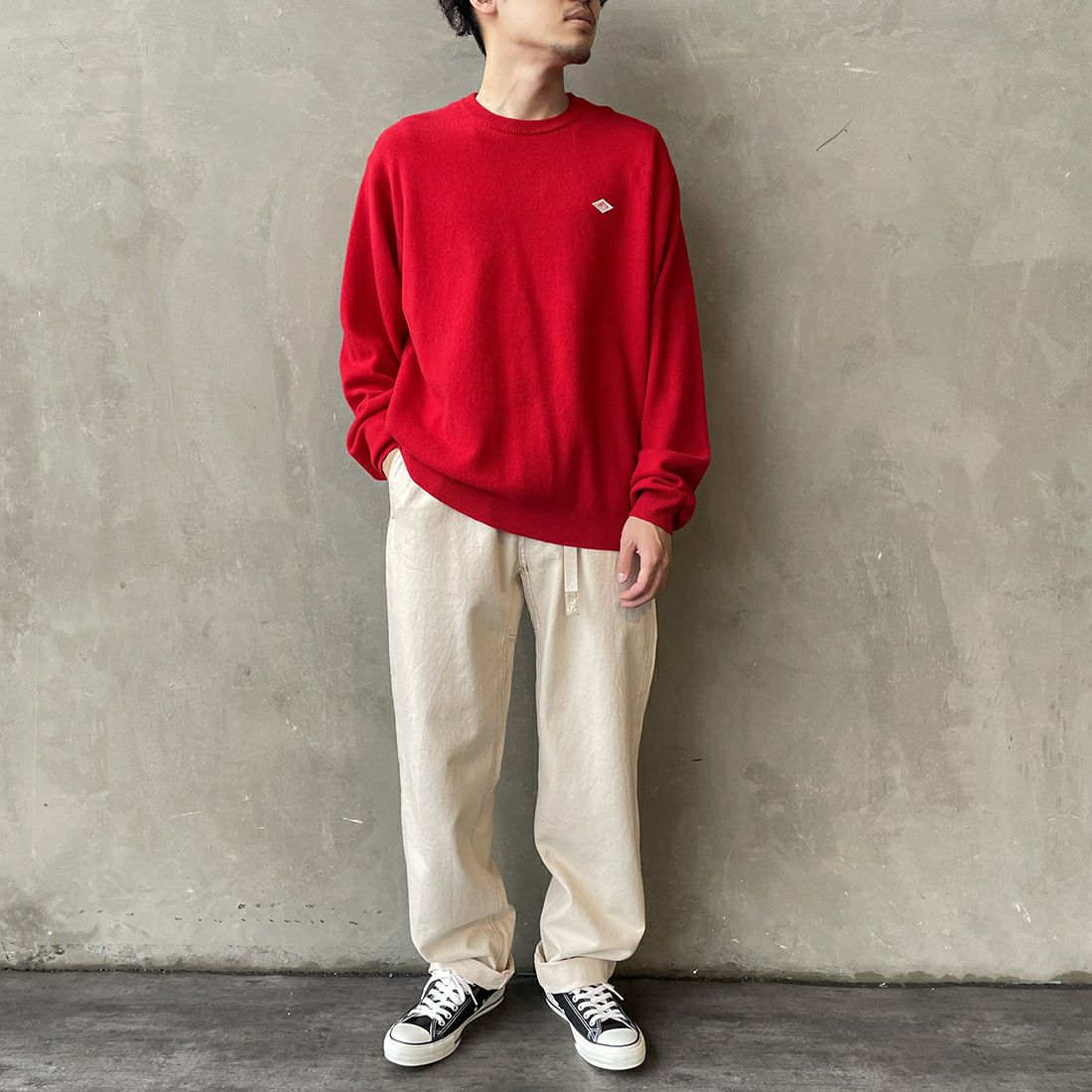 DANTON [ダントン] クルーネックプルオーバーニット [DT-D0028LMW] RED &&モデル身長：168cm 着用サイズ：42&&