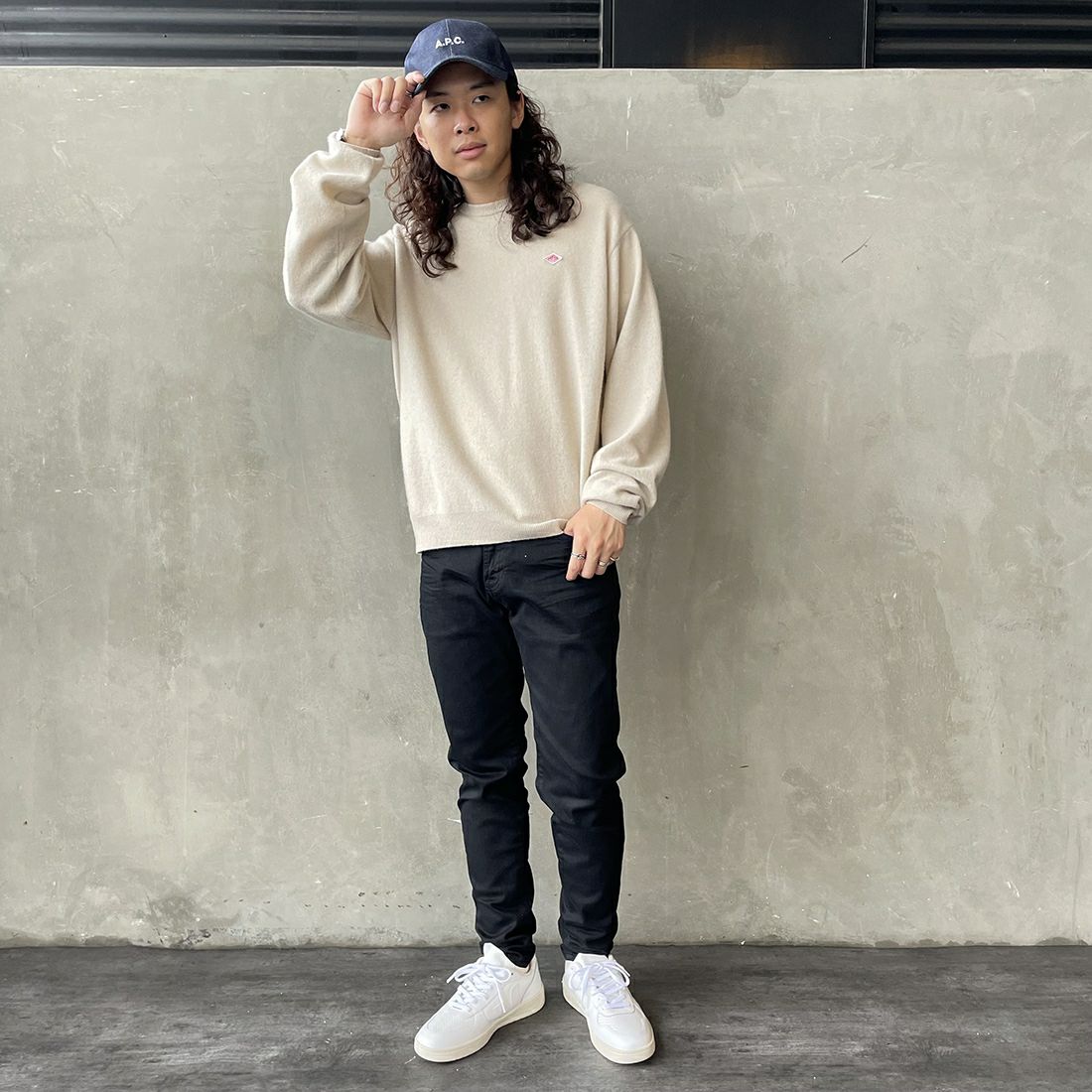 DANTON [ダントン] クルーネックプルオーバーニット [DT-D0028LMW] OATMEAL &&モデル身長：173cm 着用サイズ：42&&