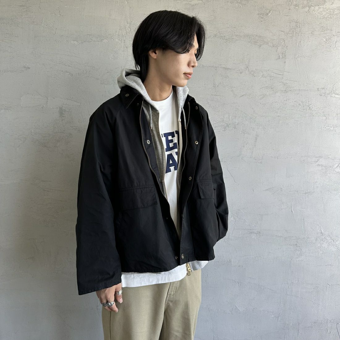 Barbour [バブアー] 別注 BORROWDALE ボロウデイルジャケット [MCAS148-JF] BLACK &&モデル身長：179cm 着用サイズ：40&&