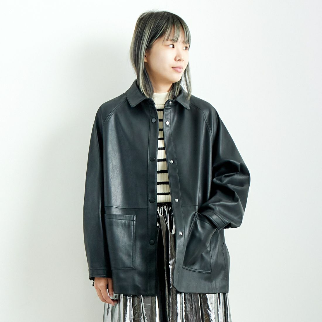Jeans Factory Clothes [ジーンズファクトリークローズ] ビーガンレザージャケット [24847-HN] BLACK &&モデル身長：167cm 着用サイズ：F&&