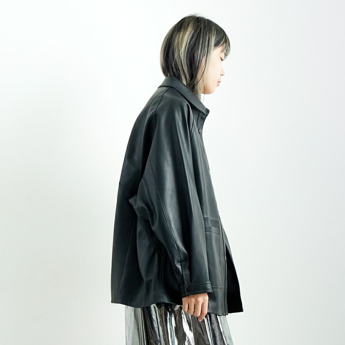 Jeans Factory Clothes [ジーンズファクトリークローズ] ビーガンレザージャケット [24847-HN] BLACK &&モデル身長：167cm 着用サイズ：F&&