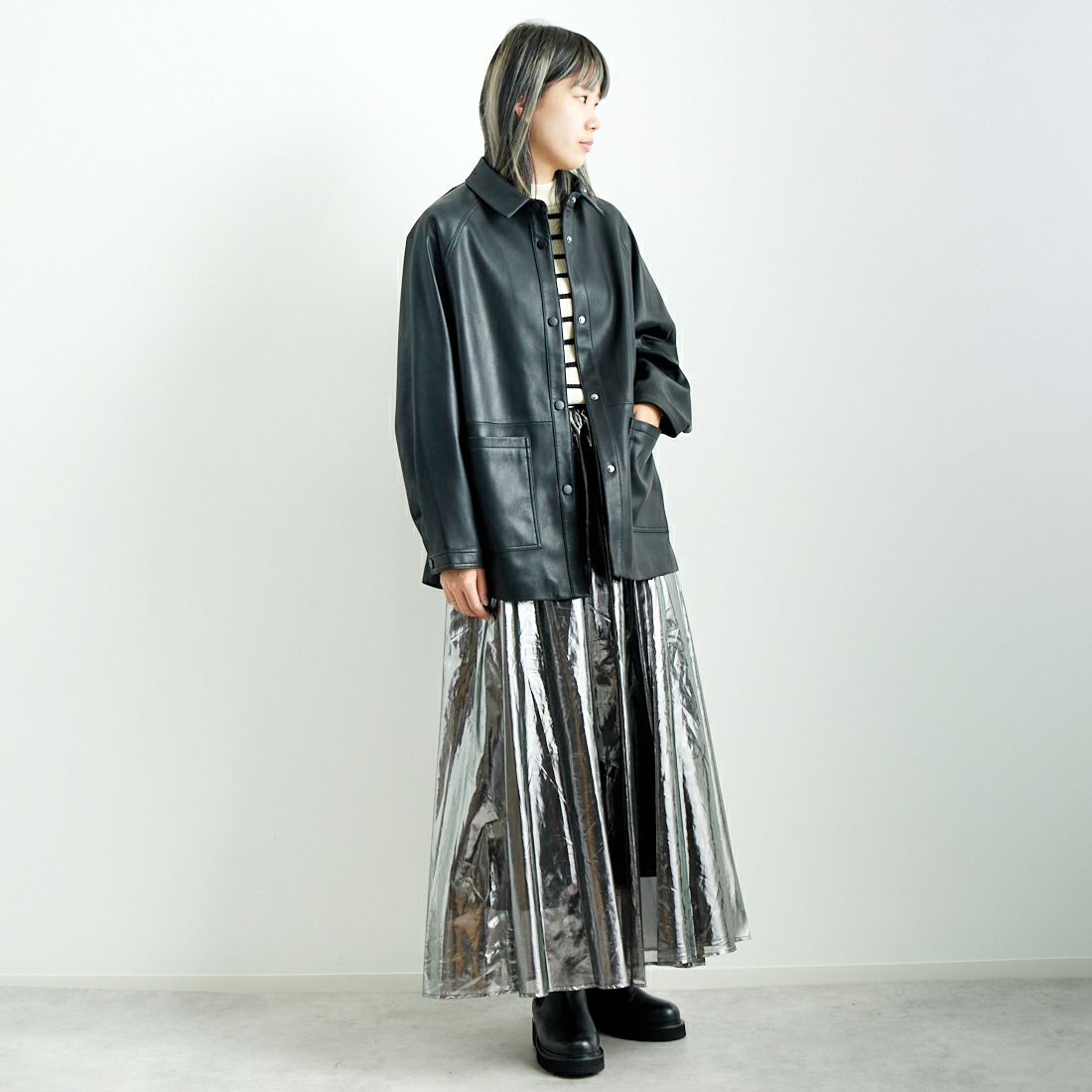 Jeans Factory Clothes [ジーンズファクトリークローズ] ビーガンレザージャケット [24847-HN] BLACK &&モデル身長：167cm 着用サイズ：F&&