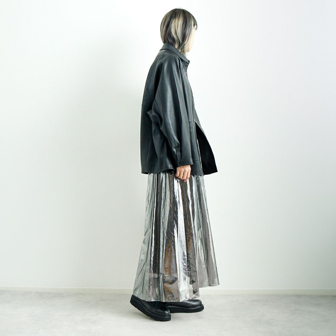 Jeans Factory Clothes [ジーンズファクトリークローズ] ビーガンレザージャケット [24847-HN] BLACK &&モデル身長：167cm 着用サイズ：F&&