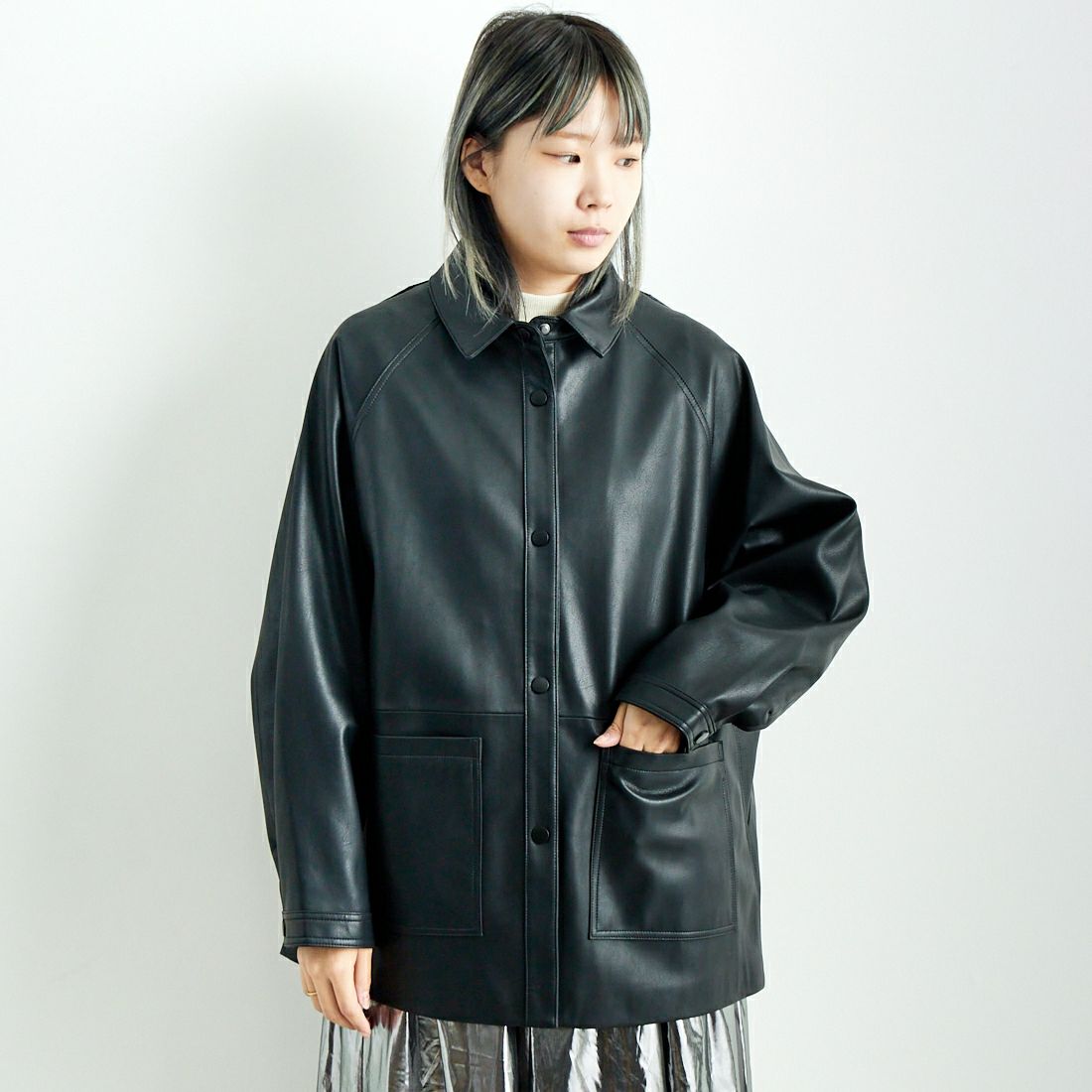 Jeans Factory Clothes [ジーンズファクトリークローズ] ビーガンレザージャケット [24847-HN] BLACK &&モデル身長：167cm 着用サイズ：F&&