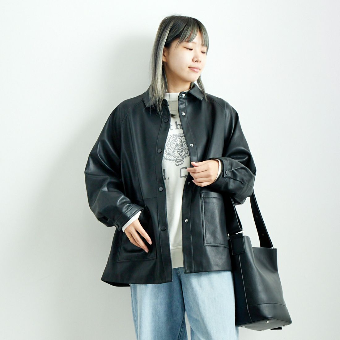 Jeans Factory Clothes [ジーンズファクトリークローズ] ビーガンレザージャケット [24847-HN] BLACK &&モデル身長：167cm 着用サイズ：F&&