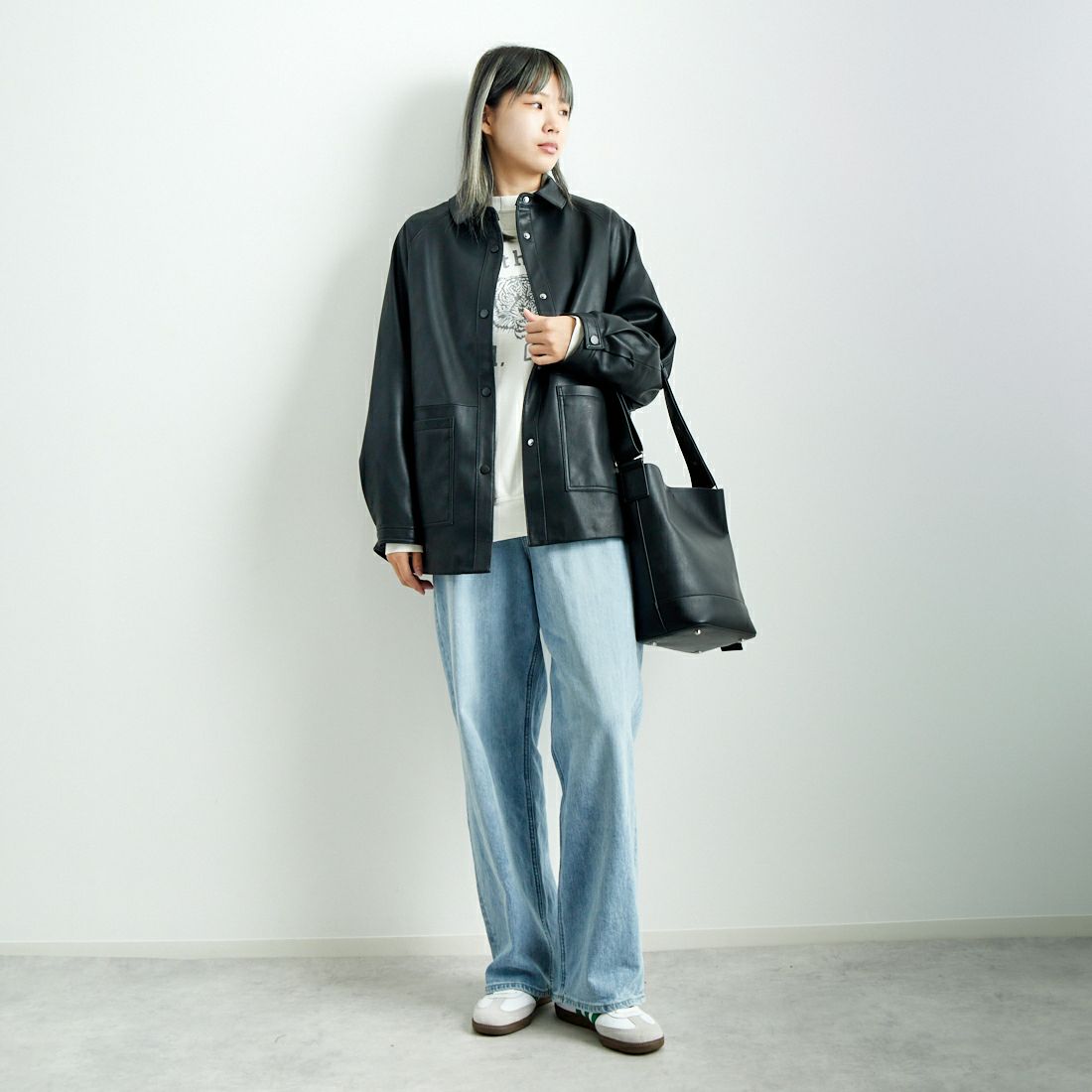 Jeans Factory Clothes [ジーンズファクトリークローズ] ビーガンレザージャケット [24847-HN] BLACK &&モデル身長：167cm 着用サイズ：F&&