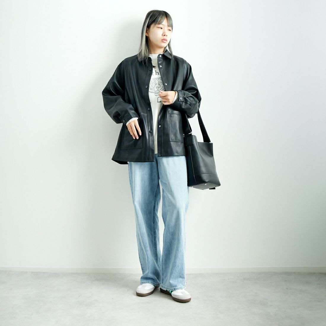 Jeans Factory Clothes [ジーンズファクトリークローズ] ビーガンレザージャケット [24847-HN] BLACK &&モデル身長：167cm 着用サイズ：F&&