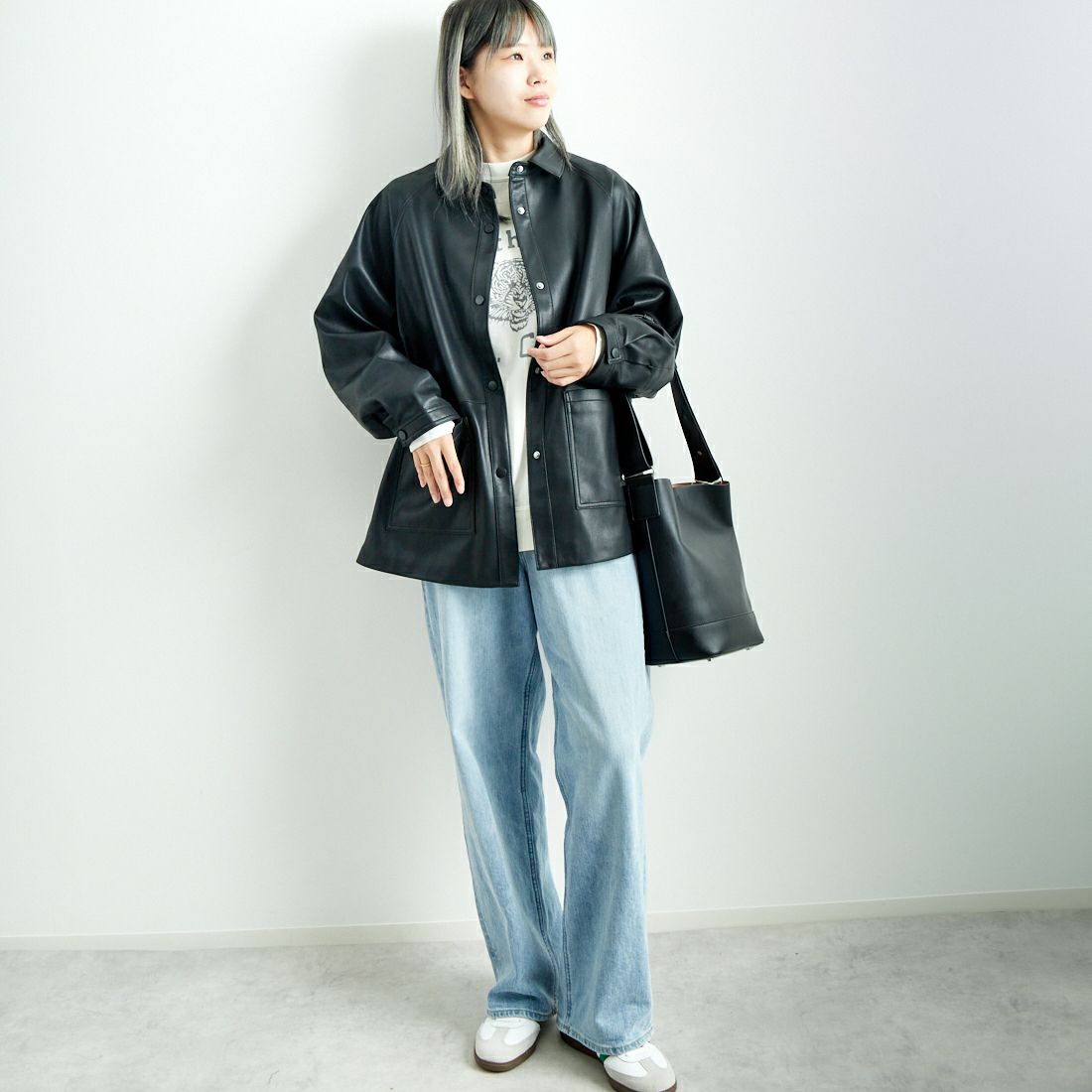Jeans Factory Clothes [ジーンズファクトリークローズ] ビーガンレザージャケット [24847-HN] BLACK &&モデル身長：167cm 着用サイズ：F&&