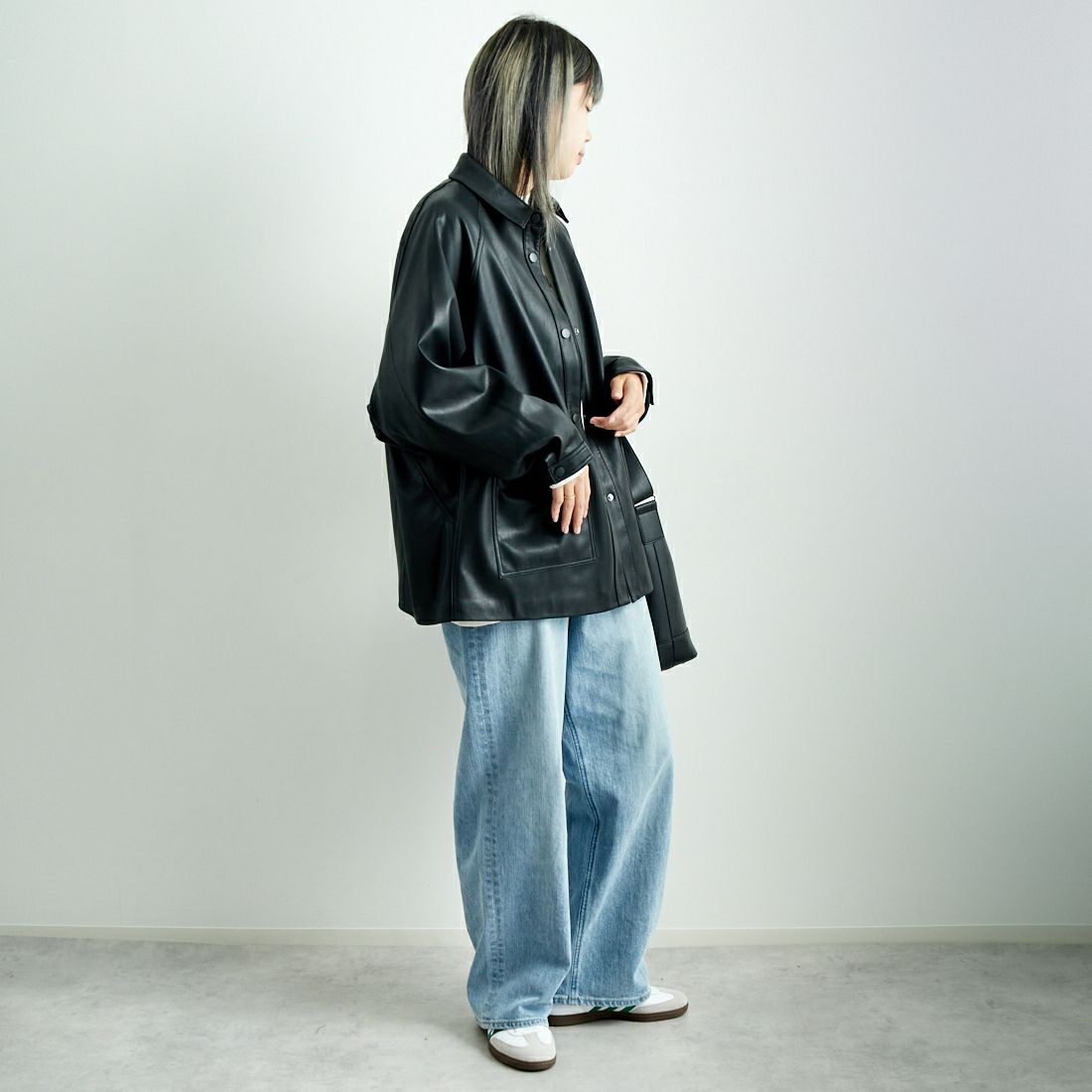 Jeans Factory Clothes [ジーンズファクトリークローズ] ビーガンレザージャケット [24847-HN] BLACK &&モデル身長：167cm 着用サイズ：F&&
