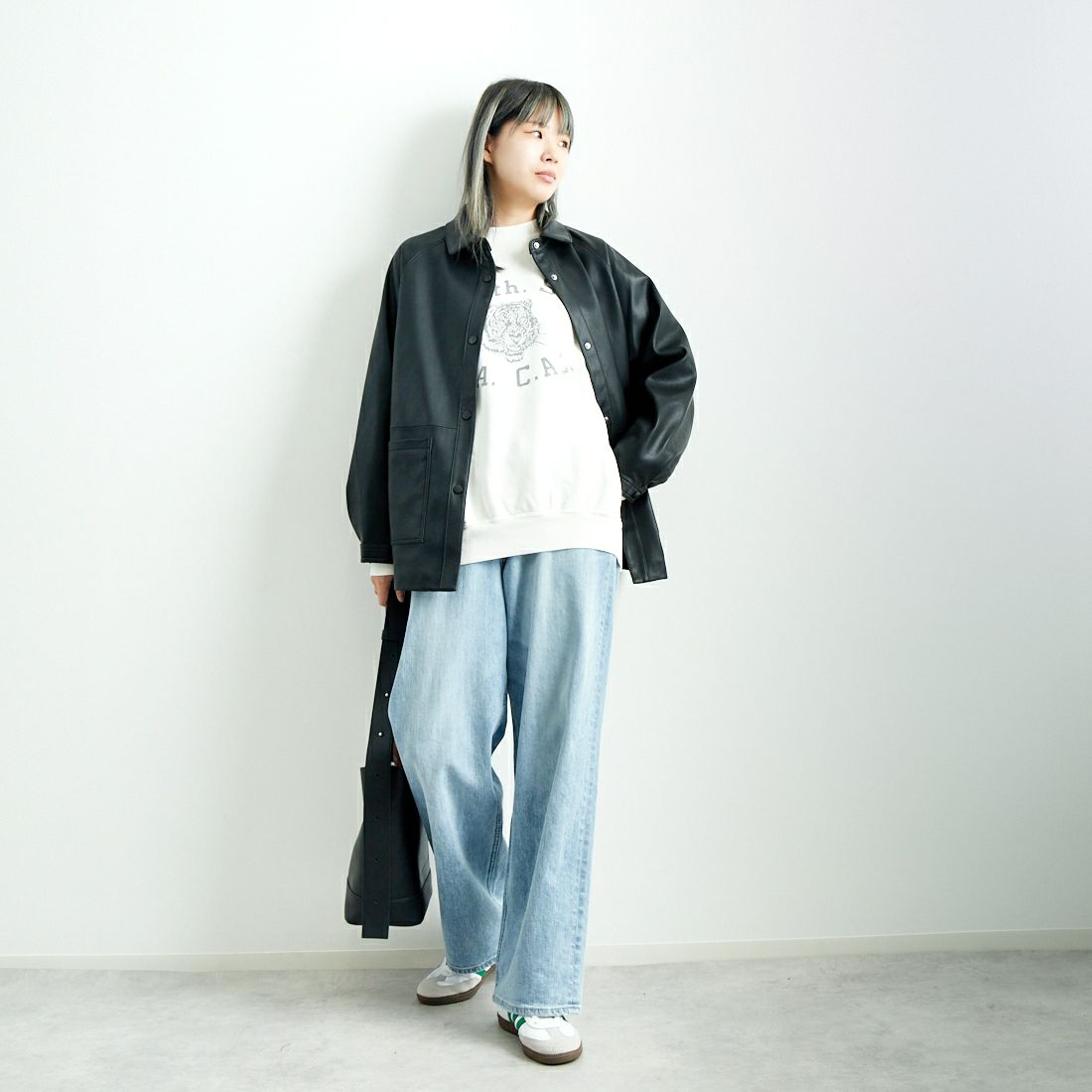 Jeans Factory Clothes [ジーンズファクトリークローズ] ビーガンレザージャケット [24847-HN] BLACK &&モデル身長：167cm 着用サイズ：F&&