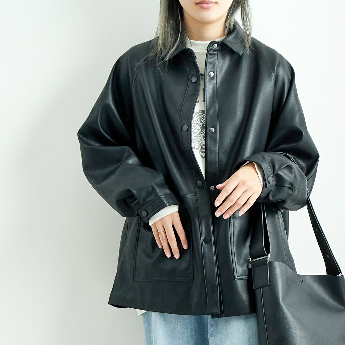 Jeans Factory Clothes [ジーンズファクトリークローズ] ビーガンレザージャケット [24847-HN] BLACK &&モデル身長：167cm 着用サイズ：F&&