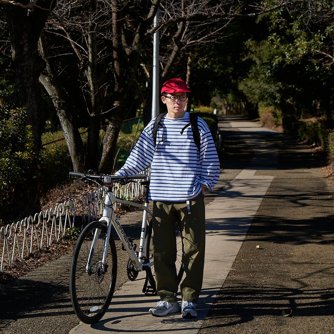 GRAMiCCi [グラミチ] 別注 エブリデイ ナイロンパンツ [GUP5-S2034-JF] OLIVE &&モデル身長：168cm 着用サイズ：M&&