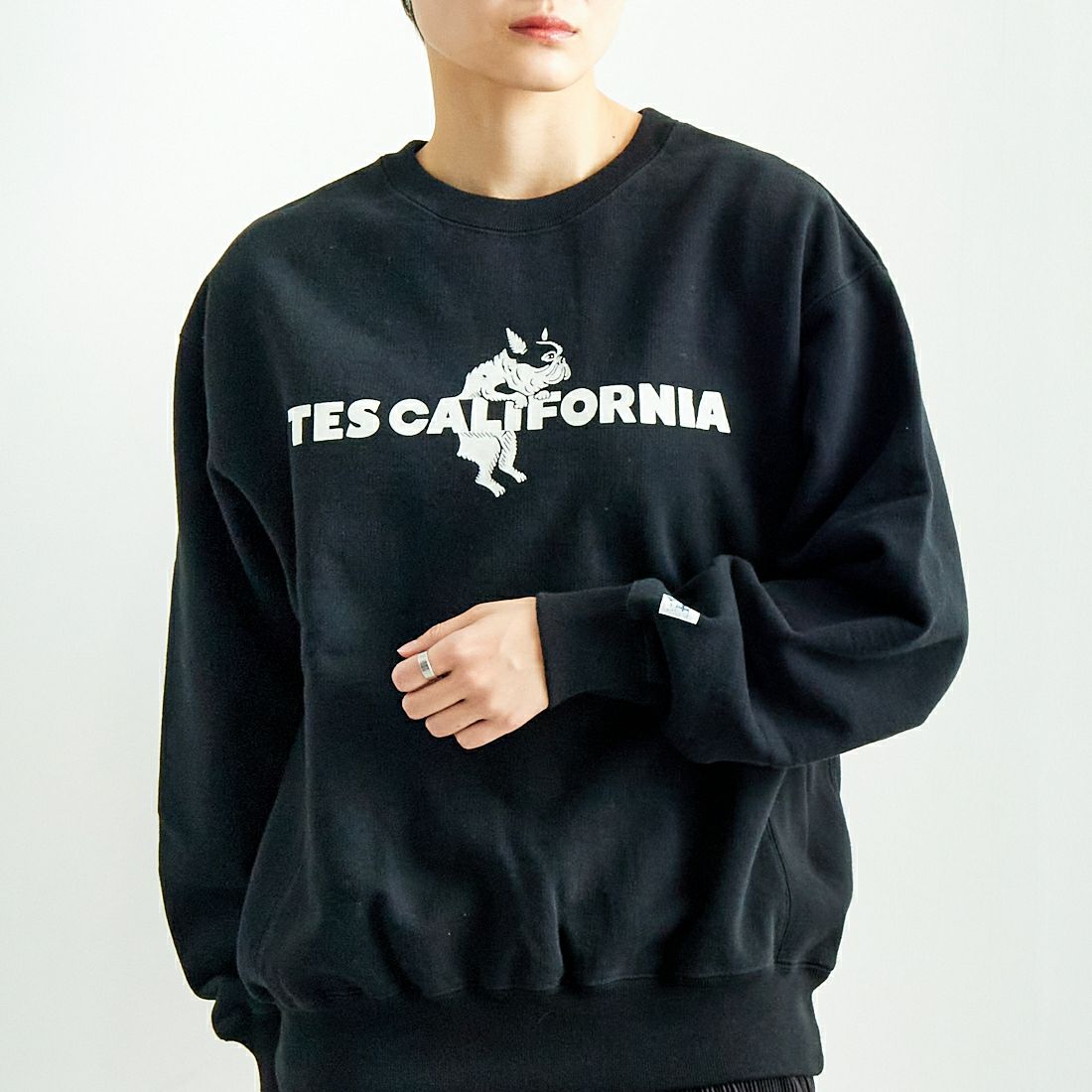 The Endless Summer [エンドレスサマー] TES CAL フロッキーロゴクルーネックスウェット [FH-25374305] 01 BLACK &&モデル身長：160cm 着用サイズ：S&&
