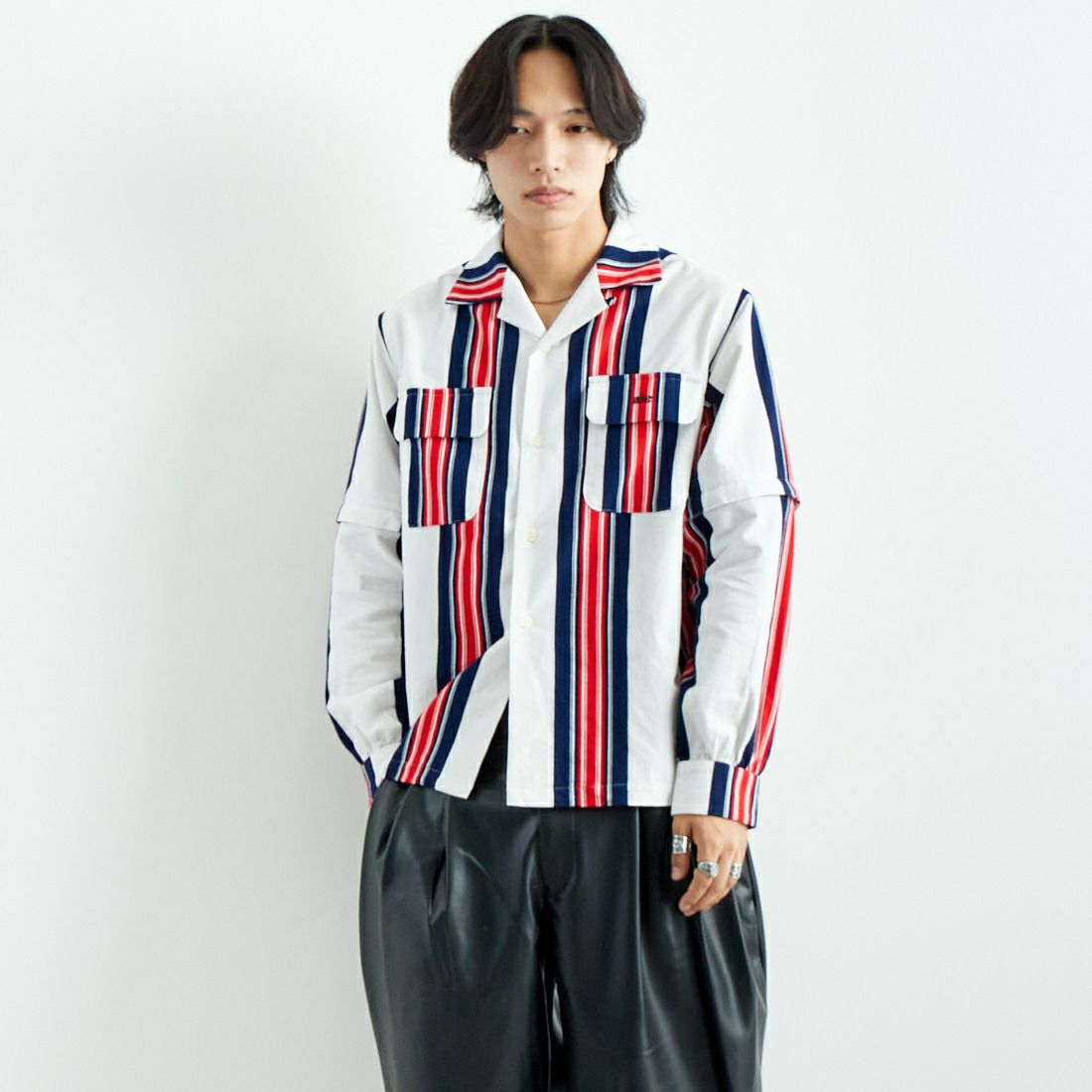 AiE [エーアイイー] ストライプペインターシャツ [PU617] A OFF WHIT &&モデル身長：179cm 着用サイズ：M&&