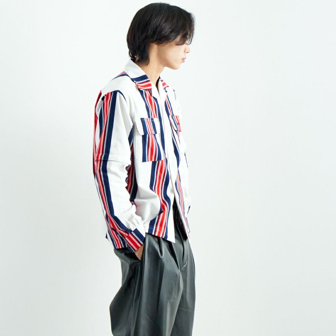 AiE [エーアイイー] ストライプペインターシャツ [PU617] A OFF WHIT &&モデル身長：179cm 着用サイズ：M&&