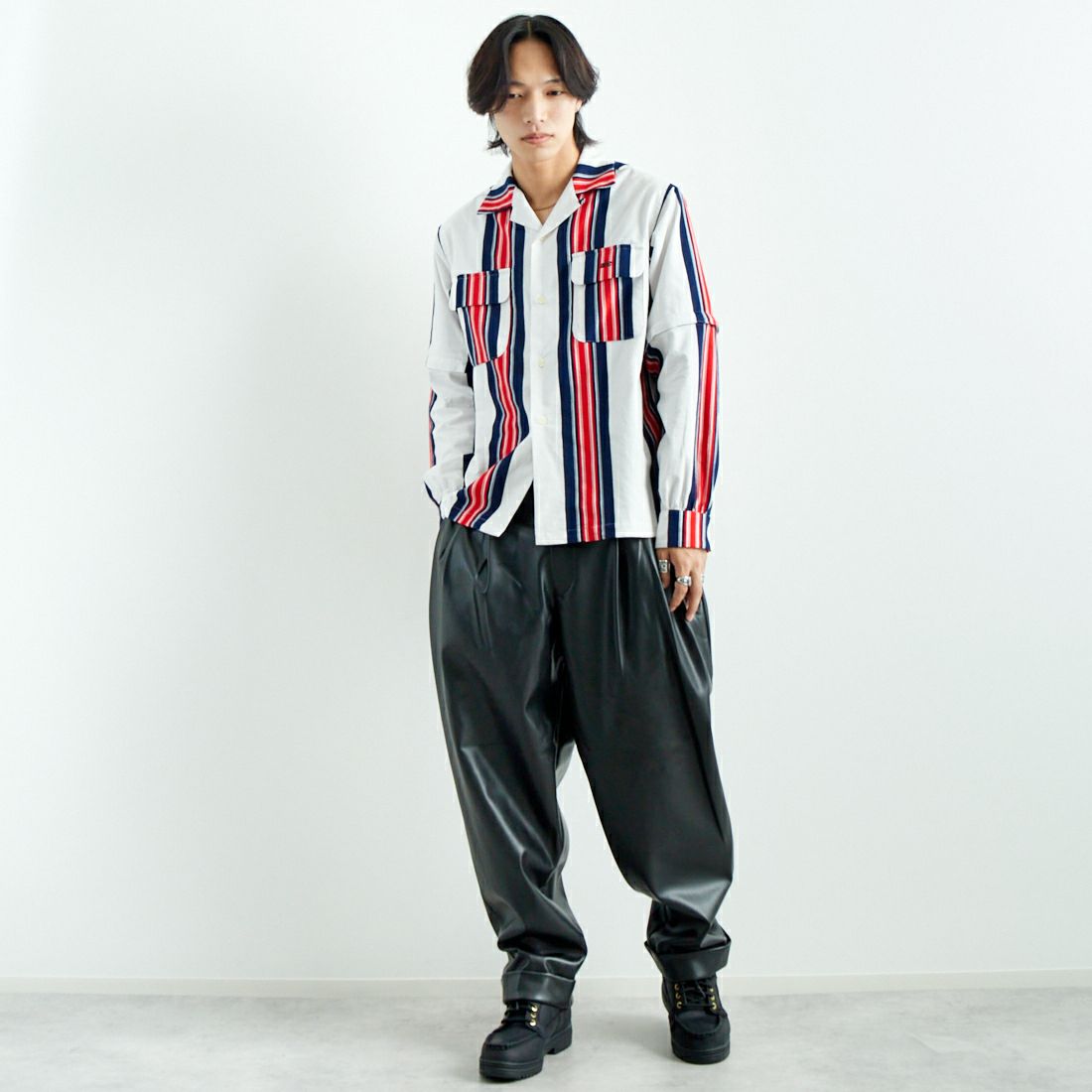 AiE [エーアイイー] ストライプペインターシャツ [PU617] A OFF WHIT &&モデル身長：179cm 着用サイズ：M&&