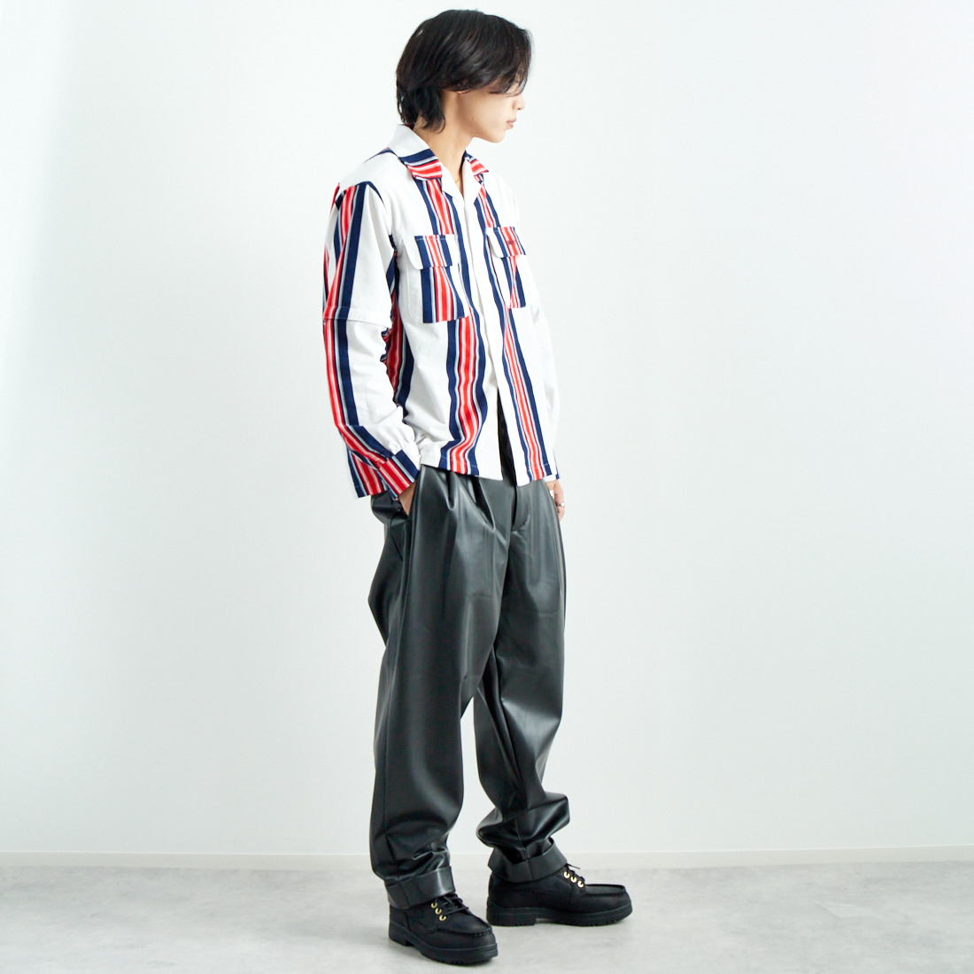 AiE [エーアイイー] ストライプペインターシャツ [PU617] A OFF WHIT &&モデル身長：179cm 着用サイズ：M&&