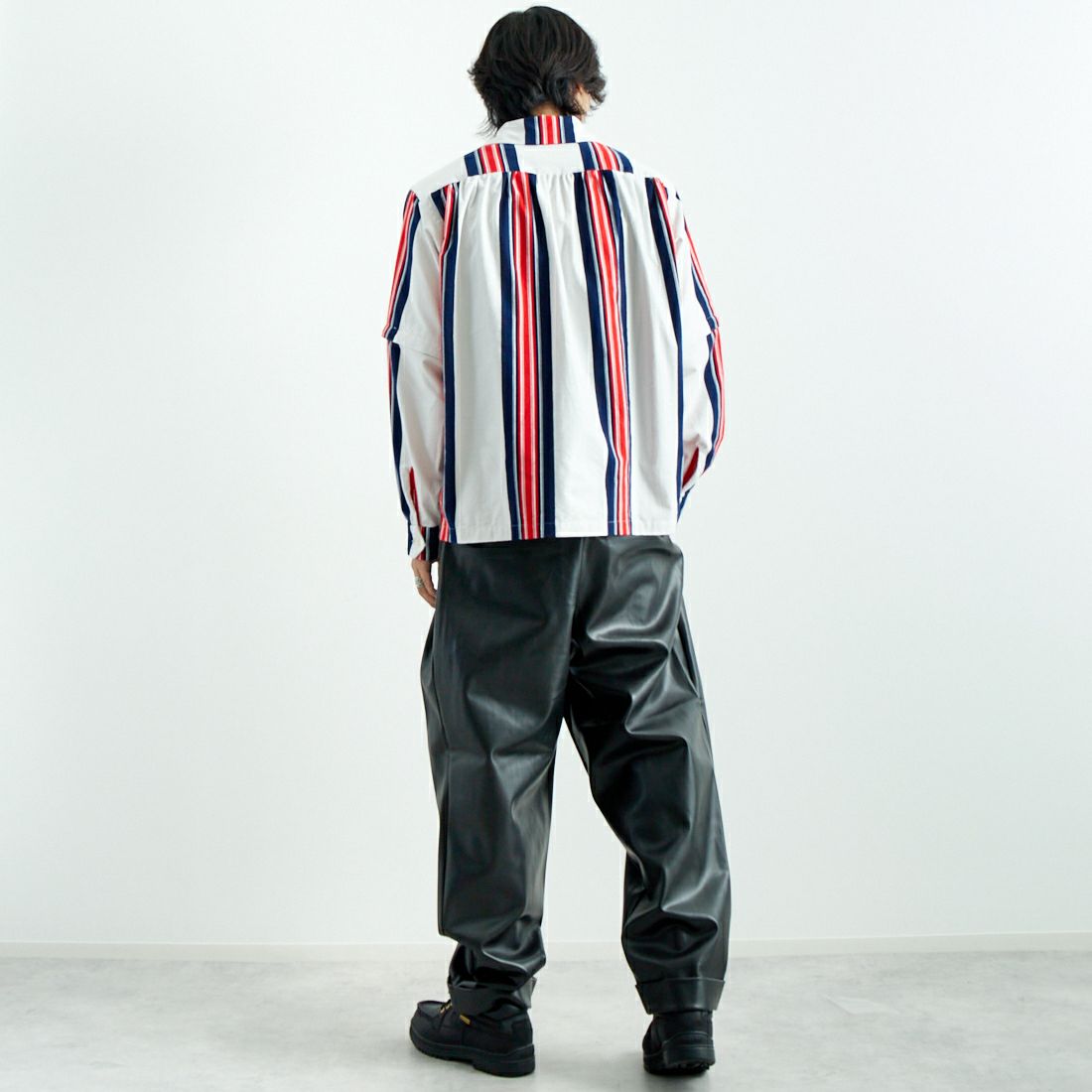 AiE [エーアイイー] ストライプペインターシャツ [PU617] A OFF WHIT &&モデル身長：179cm 着用サイズ：M&&