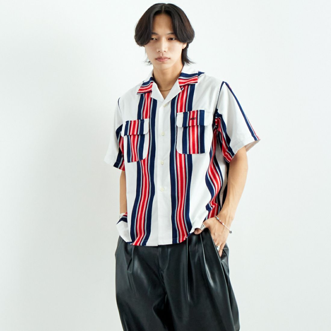 AiE [エーアイイー] ストライプペインターシャツ [PU617] A OFF WHIT &&モデル身長：179cm 着用サイズ：M&&