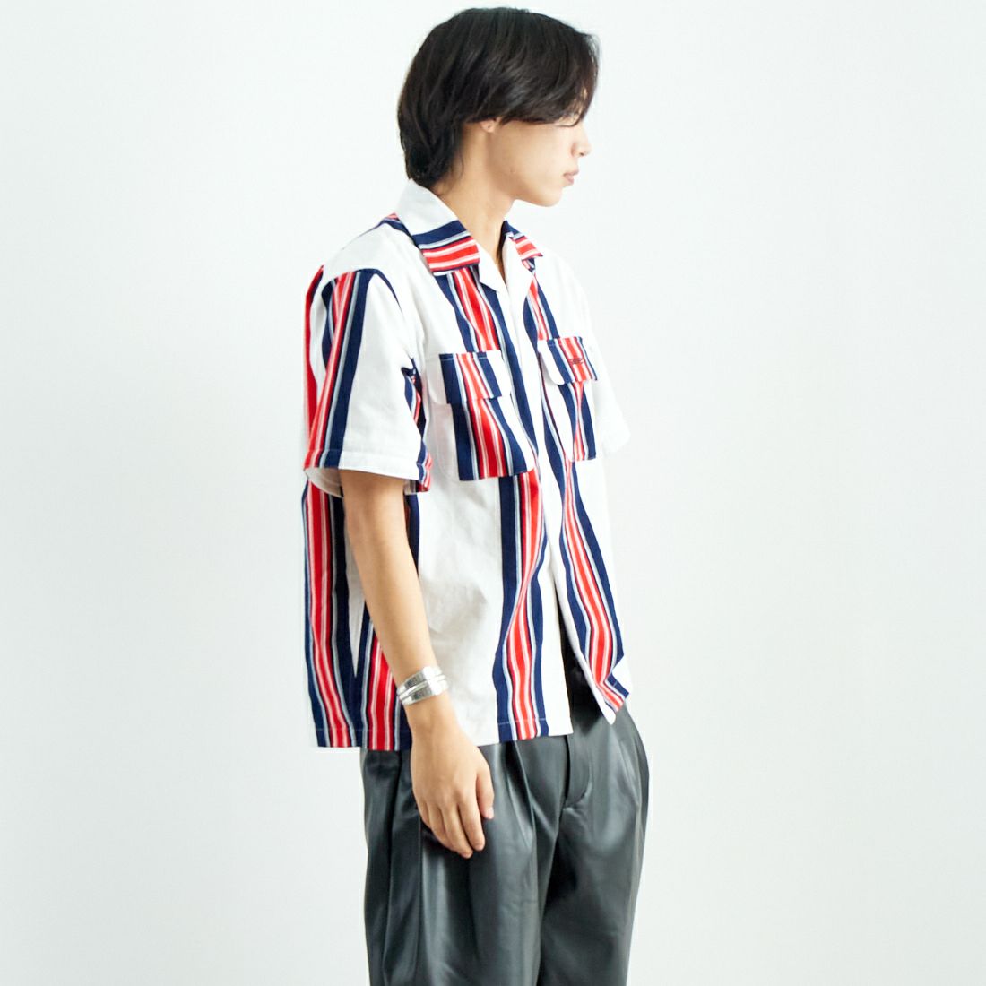 AiE [エーアイイー] ストライプペインターシャツ [PU617] A OFF WHIT &&モデル身長：179cm 着用サイズ：M&&
